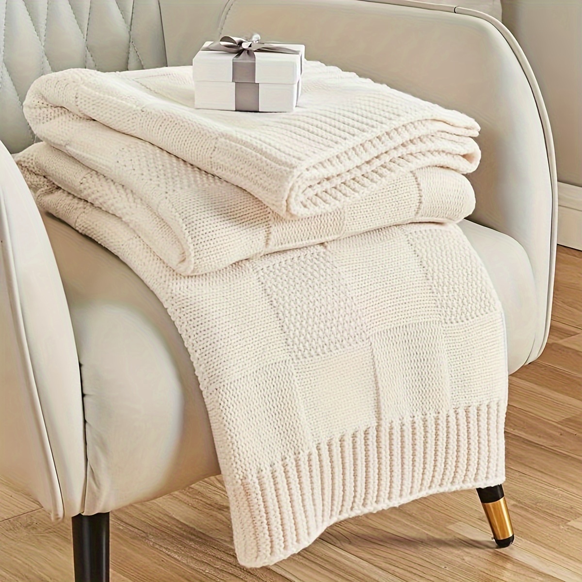 

1pc Knit Throw Blanket, White Checkered Throw Blanket For Couch, Soft Cozy Warm Knitted Throw Blanket For Bed Sofa