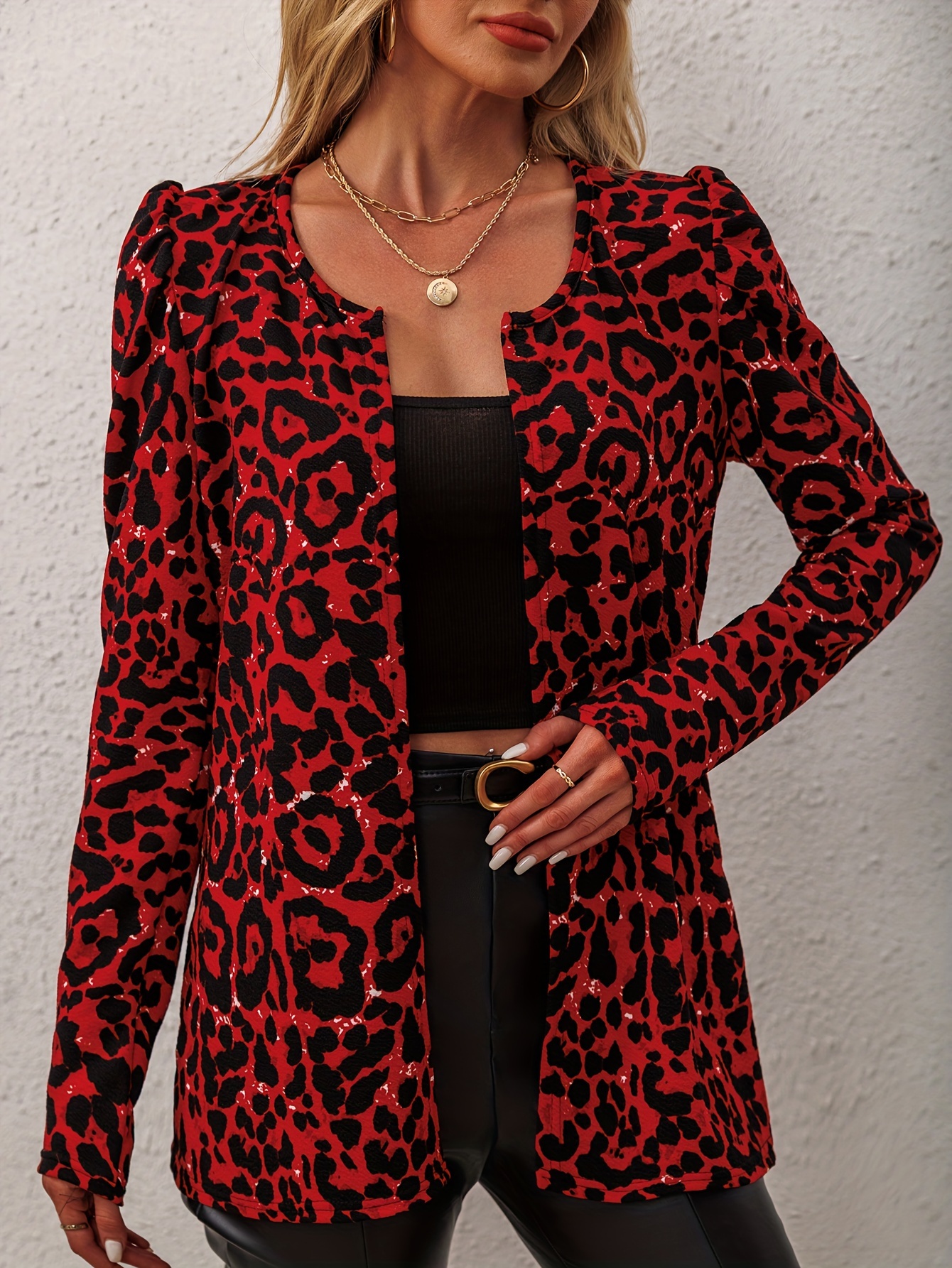 Women's Leopard Print Lightweight Jacket - Elegant Loose Fit Mid-Length Open Front Coat with Long Sleeves, Machine Washable Spring Summer Fall Casual Outerwear, Leopard Print Jacket, Seasonal Fashion, Buckle Belt Accent, No Button Closure