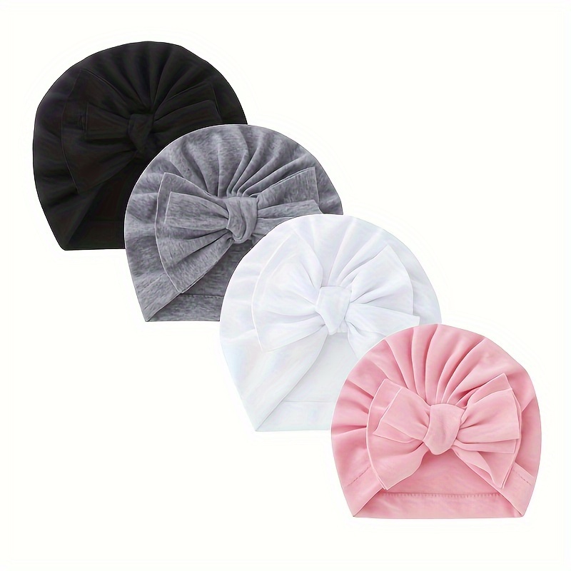 

4-pack Infant Turban Hats, Headbands With Bowknots, Breathable Weave, Hand Wash Or Dry Clean, Assorted Colors, For Baby Bath Time, Huuflyty Brand