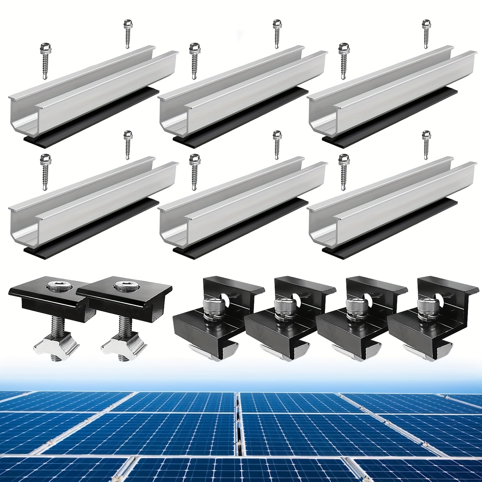 E-shop 6 Stück Solarpanel Montagehalterung Zusatzteile, 6 Stück 4,72 Zoll Montageschiene + 4 Stück 30mm/ Endklemmen + 2 Stück 30mm/ Mittelklemmen für