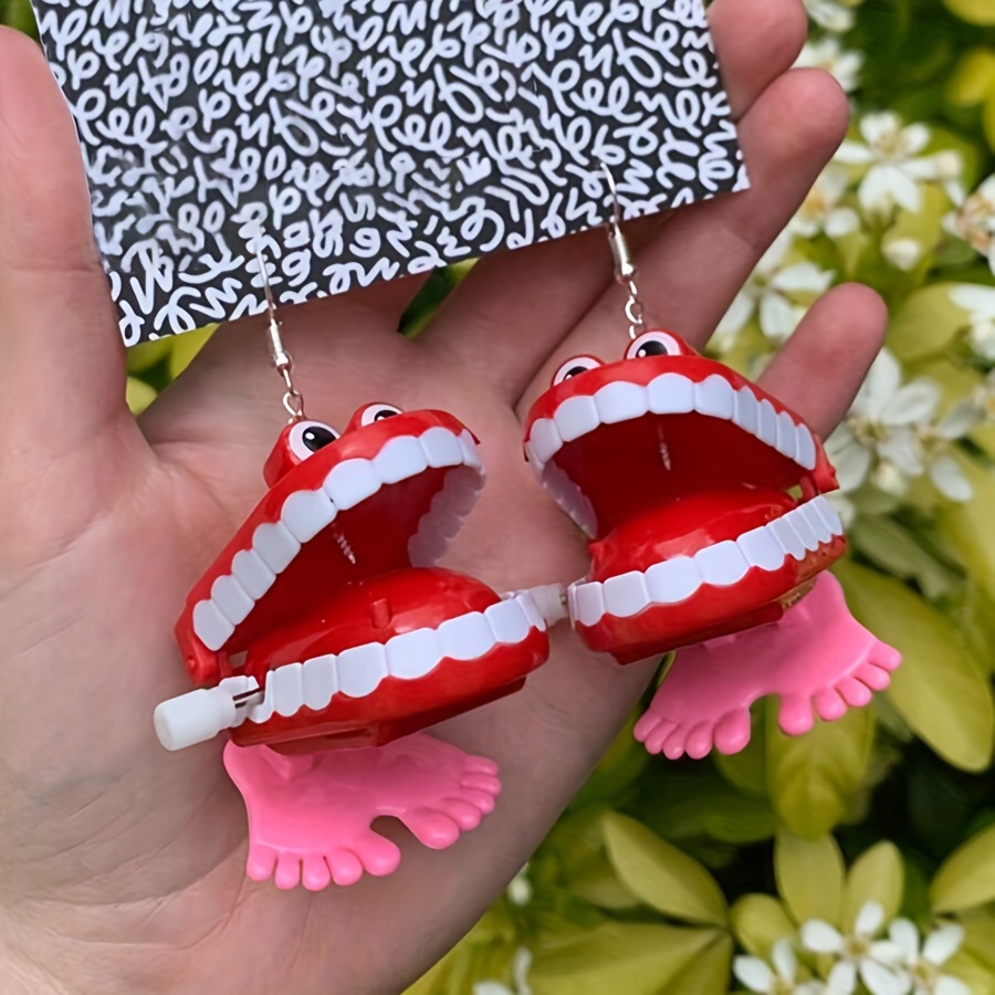 

1 Pair, Vintage & Boho Style, Red Teeth Chattering Dangle Earrings, Fashion Funny Accessory For & Party, Idea Gift