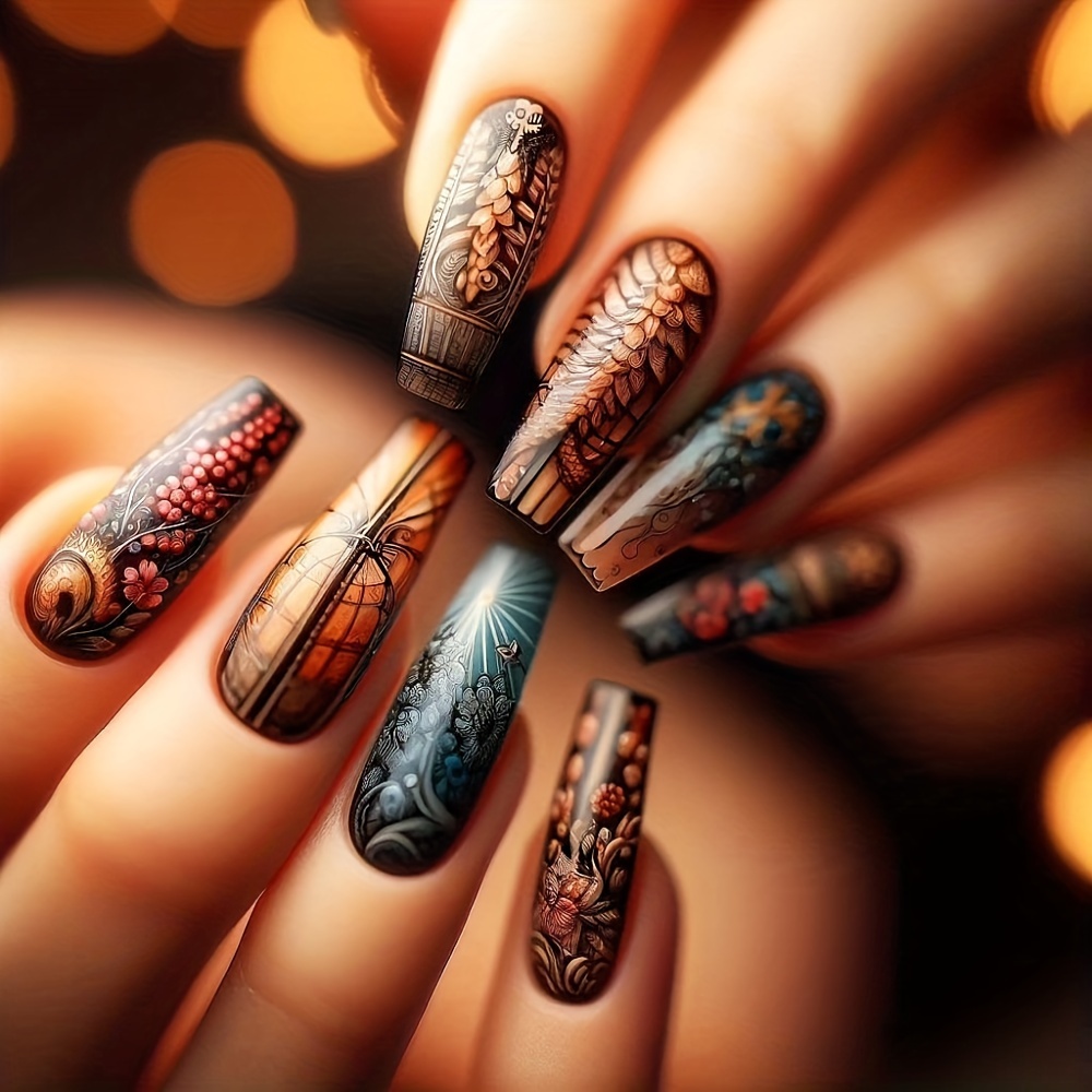 

24pcs Vintage Autumn Design Press-on Nails, Mixed Color Ballet Coffin Shape, Medium Length, Unique Art Glossy Finish Fake Nail Set