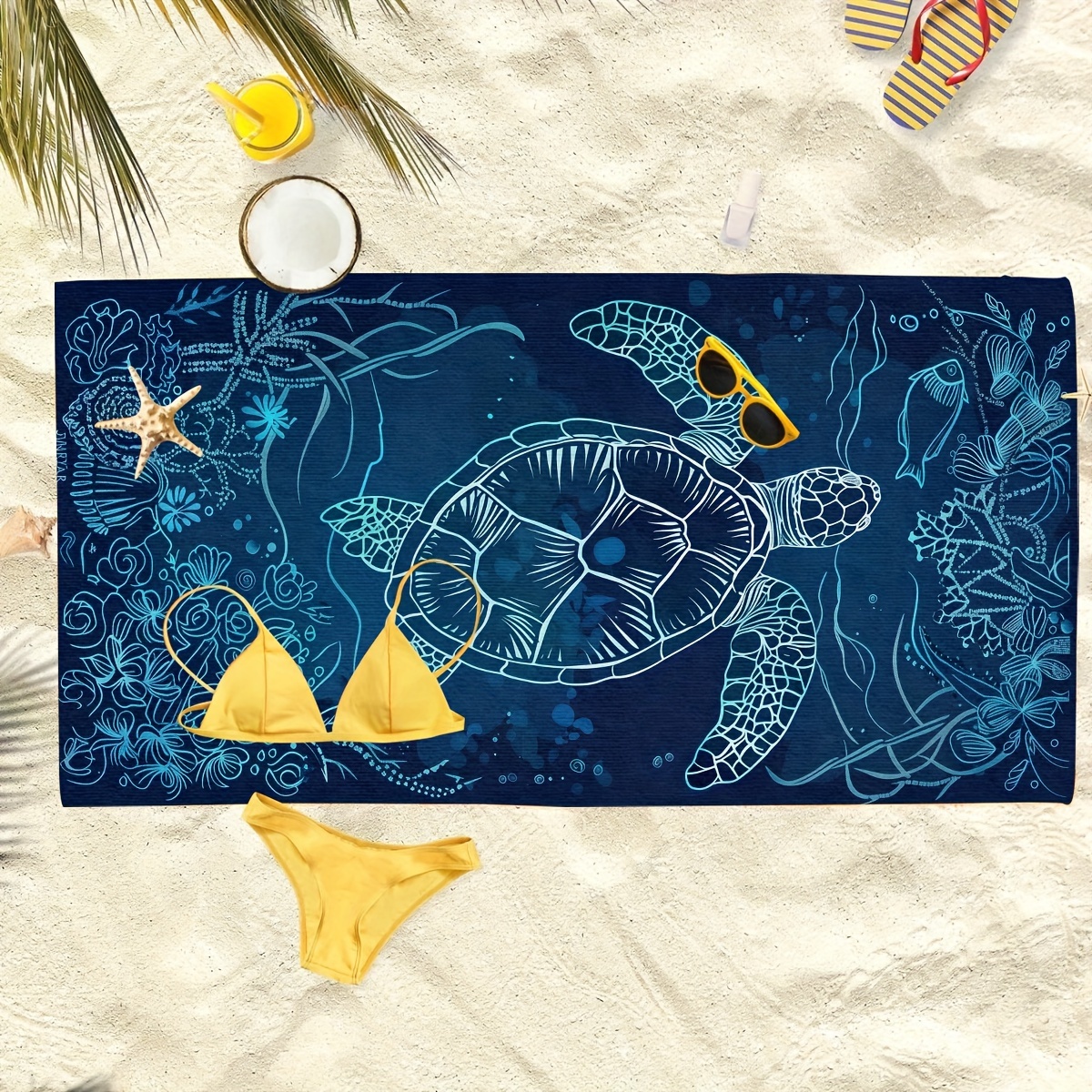 Soft Microfiber Beach Towel Sea Turtle And Coral Pattern Blue_voghion.com