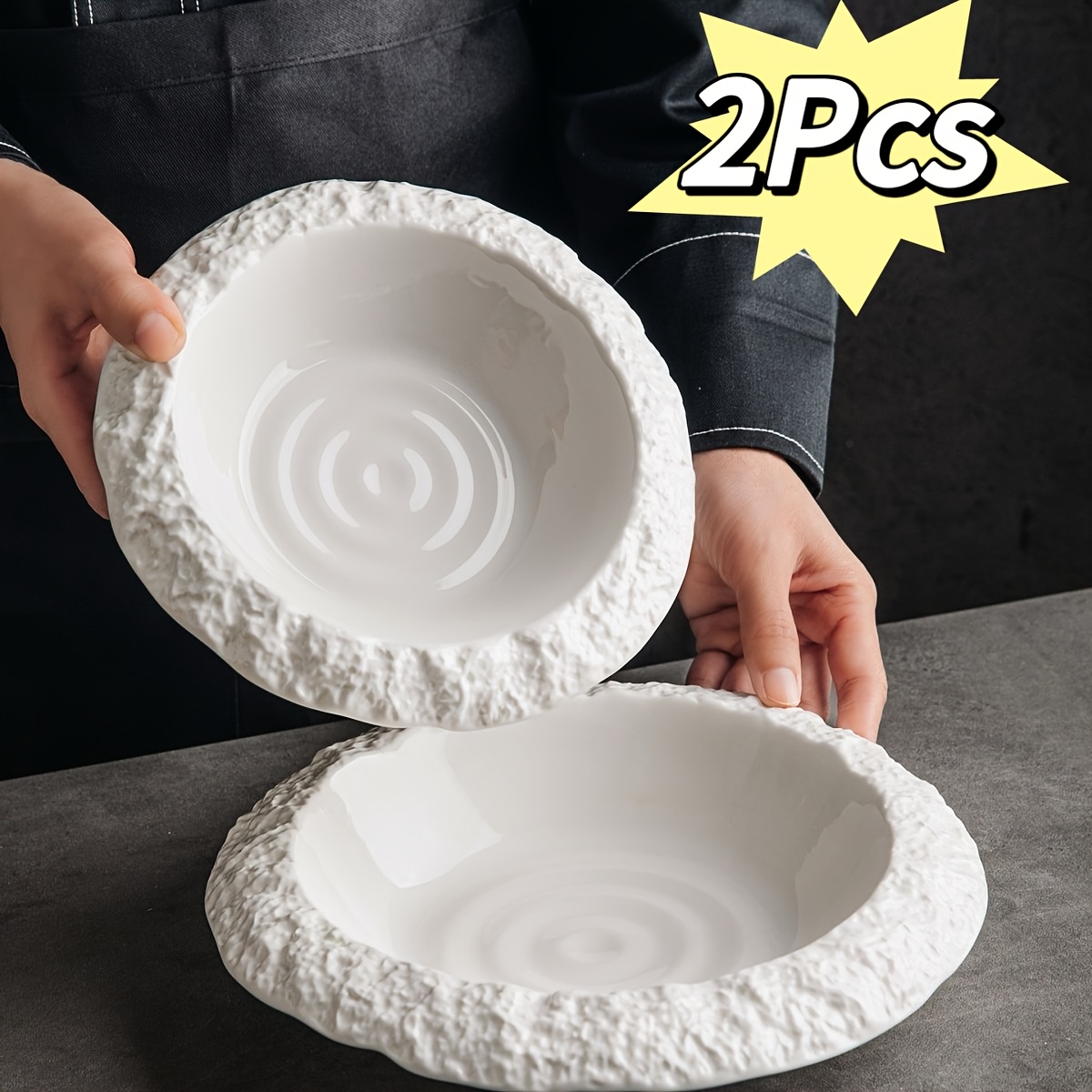 2pcs 10&20.32 cm Textured Rock Pattern Wide Rim Ceramic Plates, Light Luxury High-Grade Large Capacity Deep Plates, Multipurpose for Soup, Dishes & Fruits.