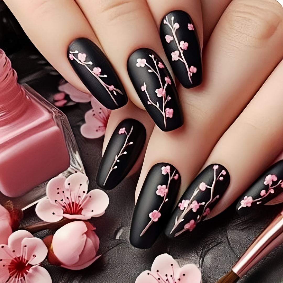 

24pcs Ballet Coffin Press-on Nails, Black Matte Cherry Design, Medium Length, Pre- Artificial Nail Set With Floral Pattern,