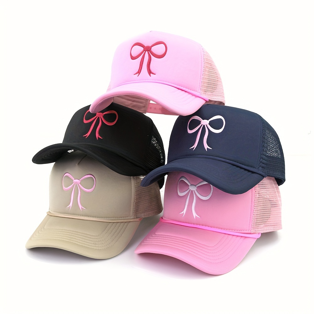 

Luxury Embroidered Bowknot Trucker Hat For Women - Breathable Mesh Baseball Cap With Adjustable Snapback, Sun Protection & Fashionable Cartoon Design, For Spring