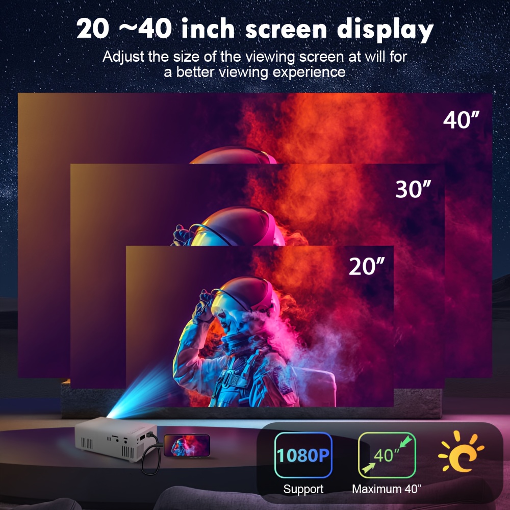 [Преносим мини проектор] Поддържа 1080P, вграден 720P преносим мини проектор | Съвместим с IOS, Android, Windows и други - Включва дистанционно управление, идеален за смартфони, PS4, USB