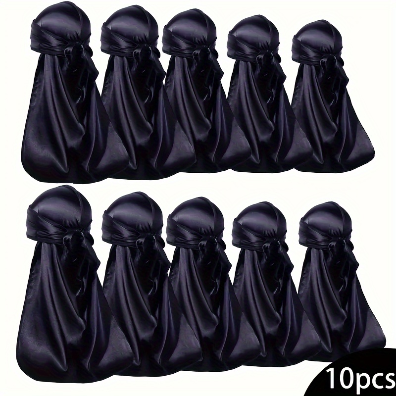 

10pcs Silky Satin Durag For Men - Outdoor Street Wear With Extra Long Tails