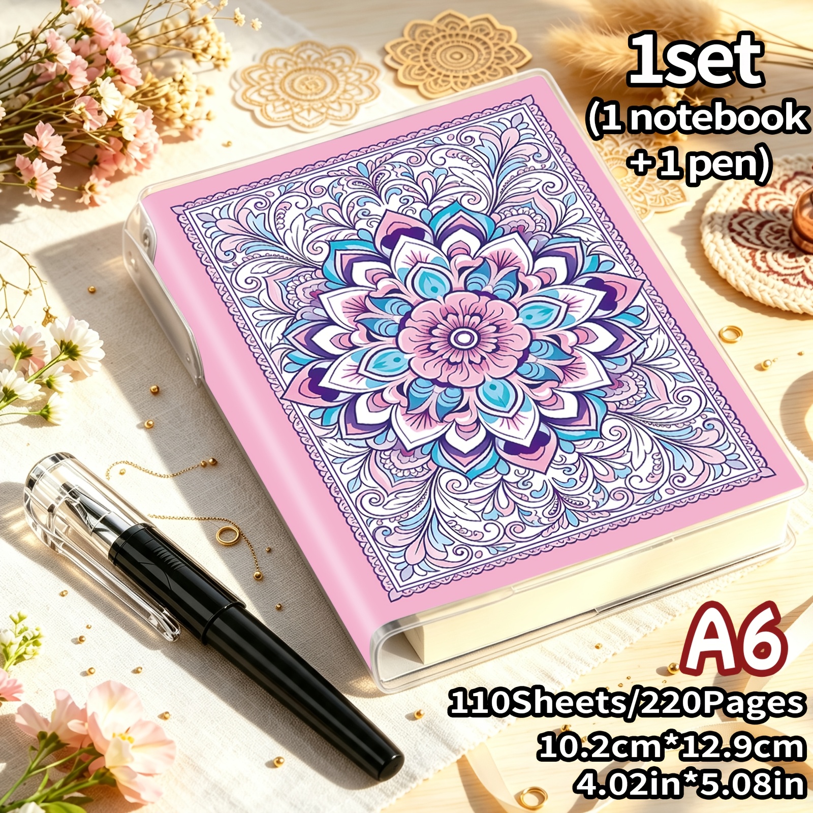 TEMU 1 Set, 220 Pages, Mandala Flower Series Notebooks With Pen Included, Portable Pocket Notebook, Lined Notebook, Eva Clear Plastic Cover, Diary