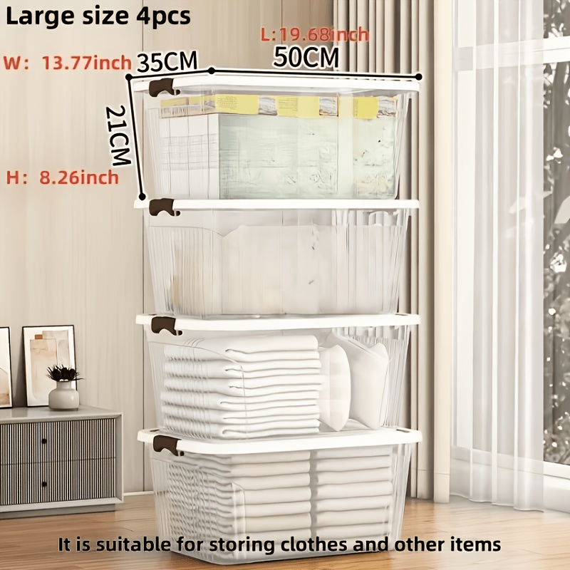 4pcs Set, Transparent Striped Plastic Storage Boxes With Handles - Stackable, Organizers, Suitable For Christmas Decorations, Car Trunk, Wardrobe, Books, Bathroom Essentials, And Other Holiday Gifts