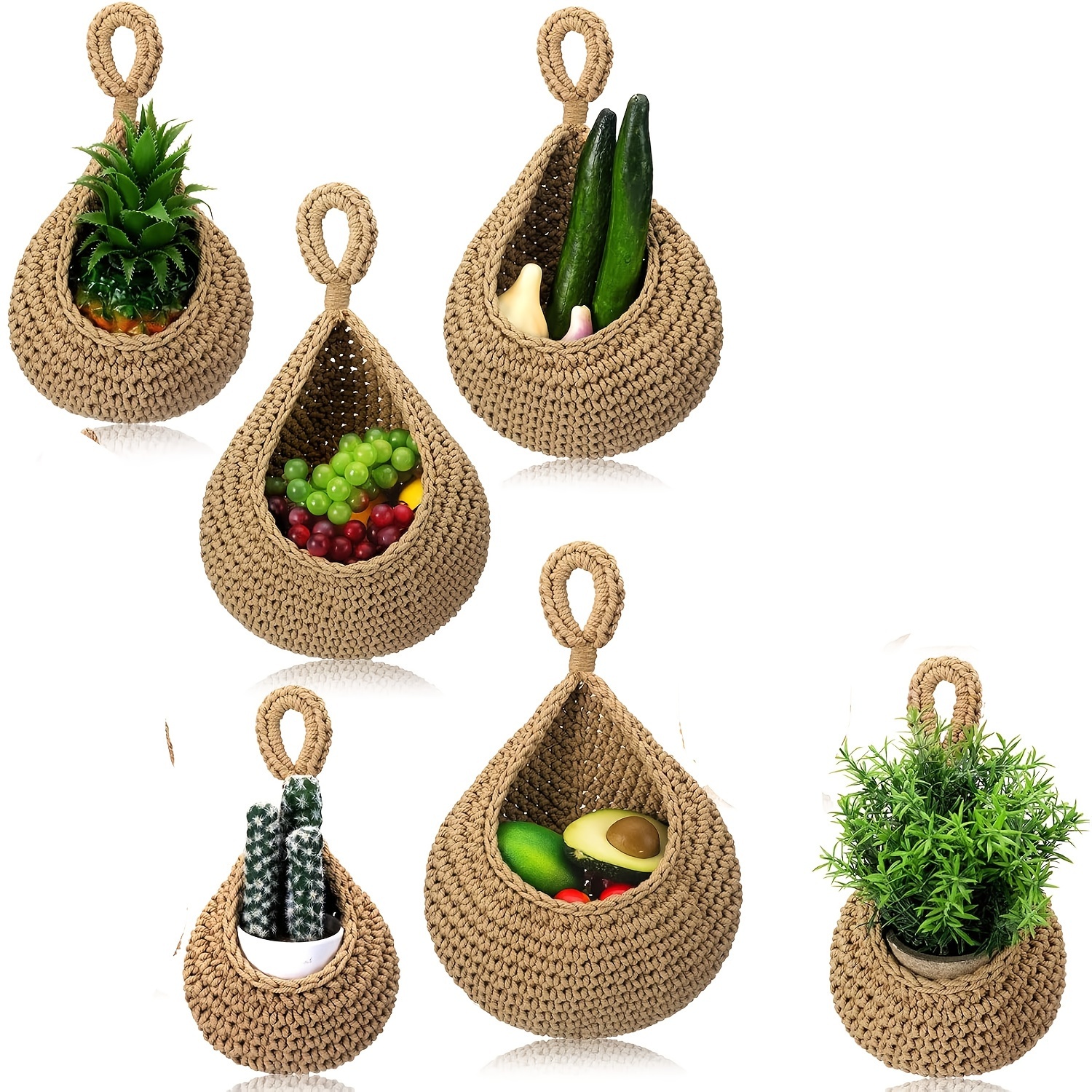 

6pcs Jute Hanging Fruit Baskets For Kitchen Hanging Basket Woven Hanging Wall Basket Storage Garlic For Onion Banana Vegetable Produce Holder Home Kitchen Decor