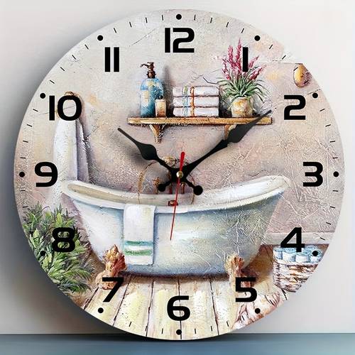 a round wall clock creatively designed for the bathroom with a beautiful bathtub theme featuring a silent mechanism without ticking suitable for home decor and gift