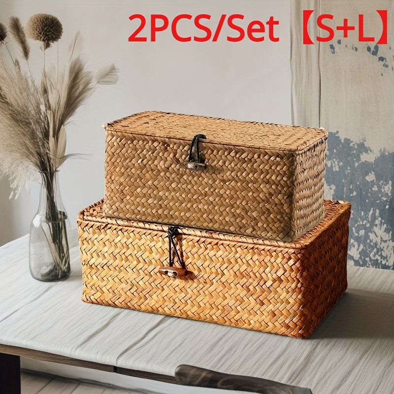 Image of 2pcs/set S+l Vintage Hand Woven Storage Basket, Makeup Gift Storage Box, Office Desktop Miscellaneous Storage Box, Woven Storage Basket With And Flat Cover, Souvenir Gift Box