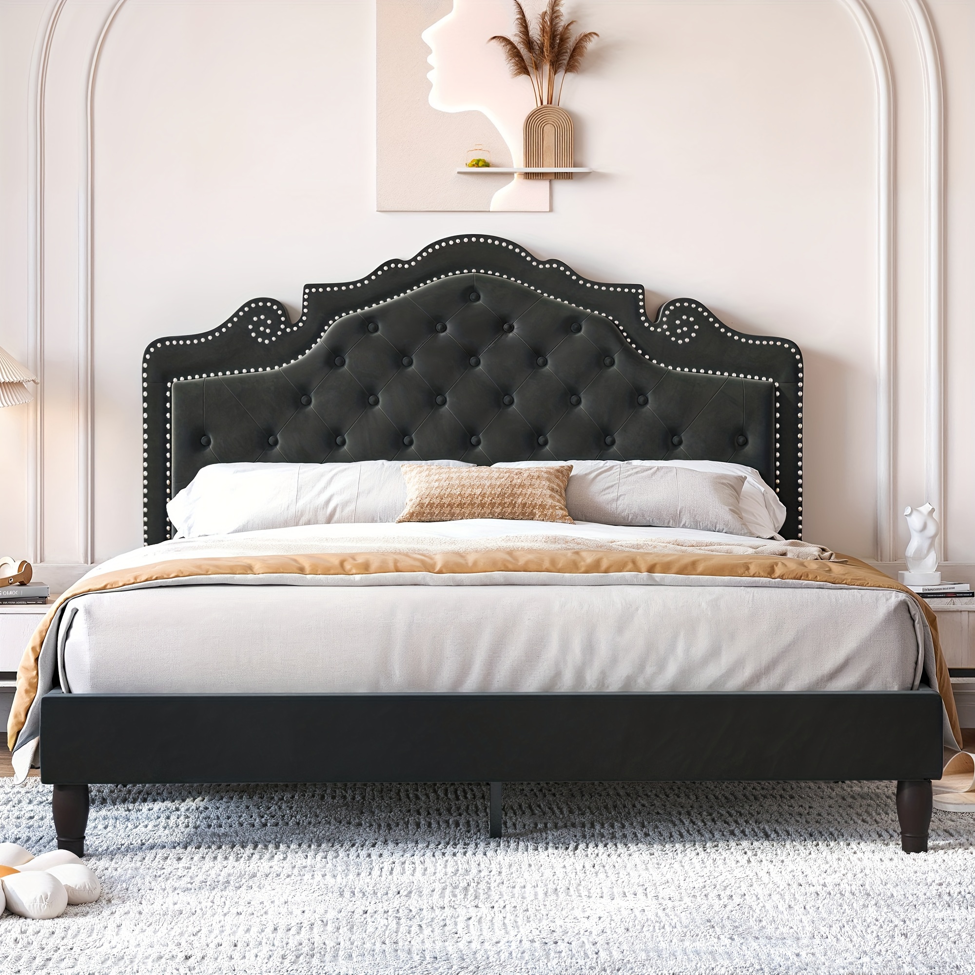 Weeway Full/queen/king Bed Frame With Velvet Adjustable Tiara Curved Headboard And High , Upholstered Diamond Button Tufted Platform Bed With Wood Slats/ Spring Needed//black/dark Grey