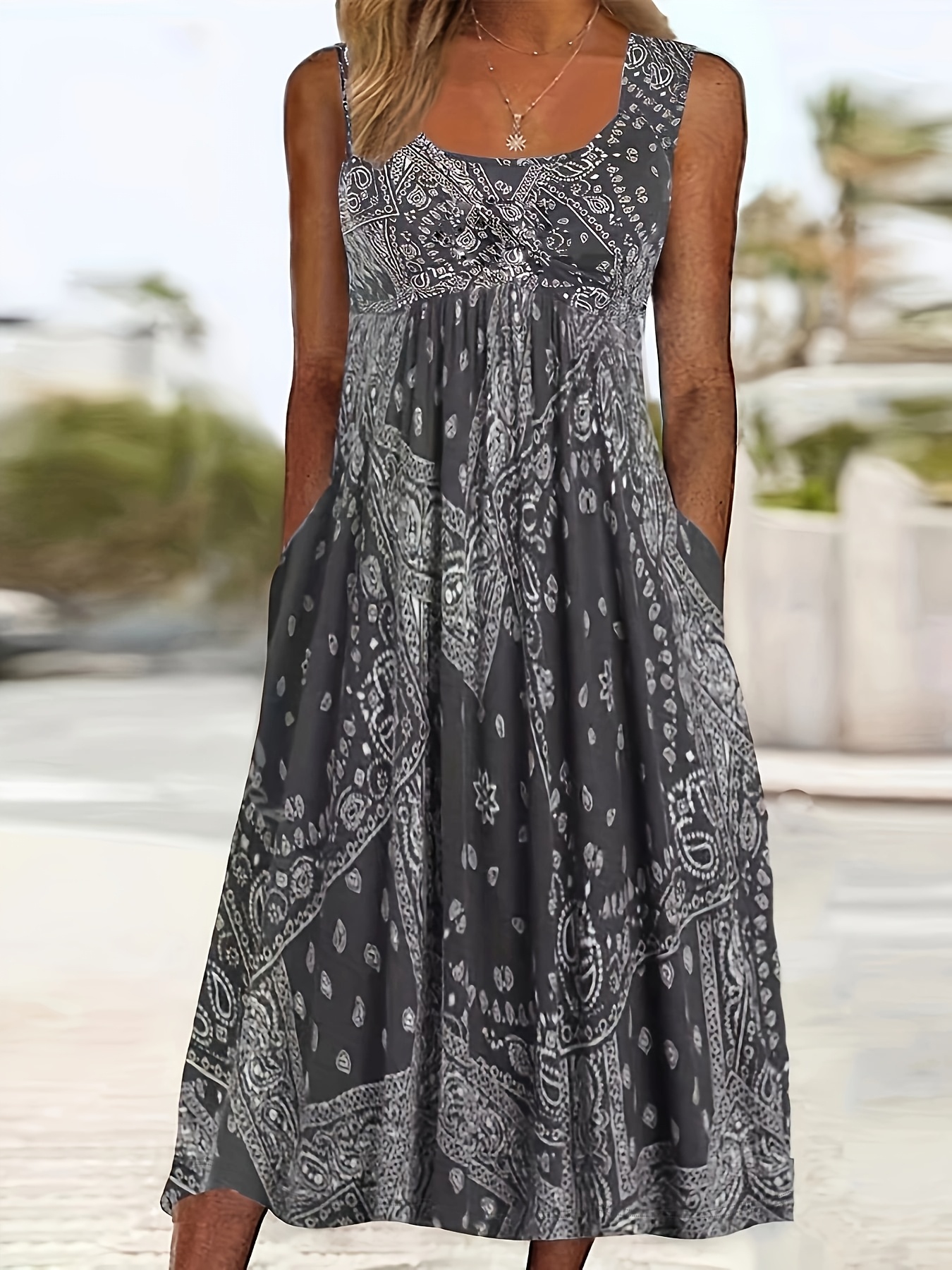 womens fashion casual elegant resort bohemian style random print pocket vest midi dress