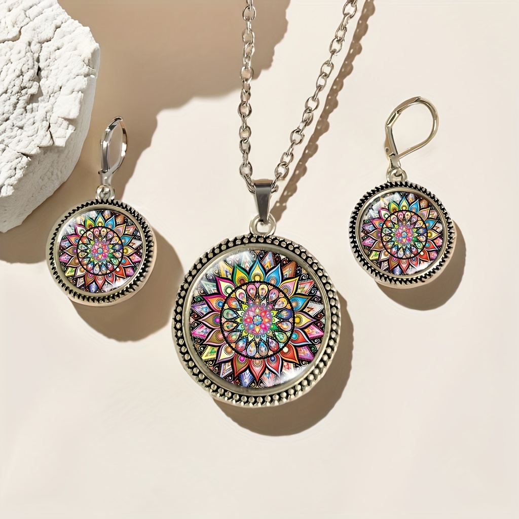 Image of 3pcs/set Fashionable Retro Colorful Mandala Geometric Puzzle Necklace Earrings, Bohemian, Creative Blue Round Mandala Jewelry, Birthday, Holiday Family Gift