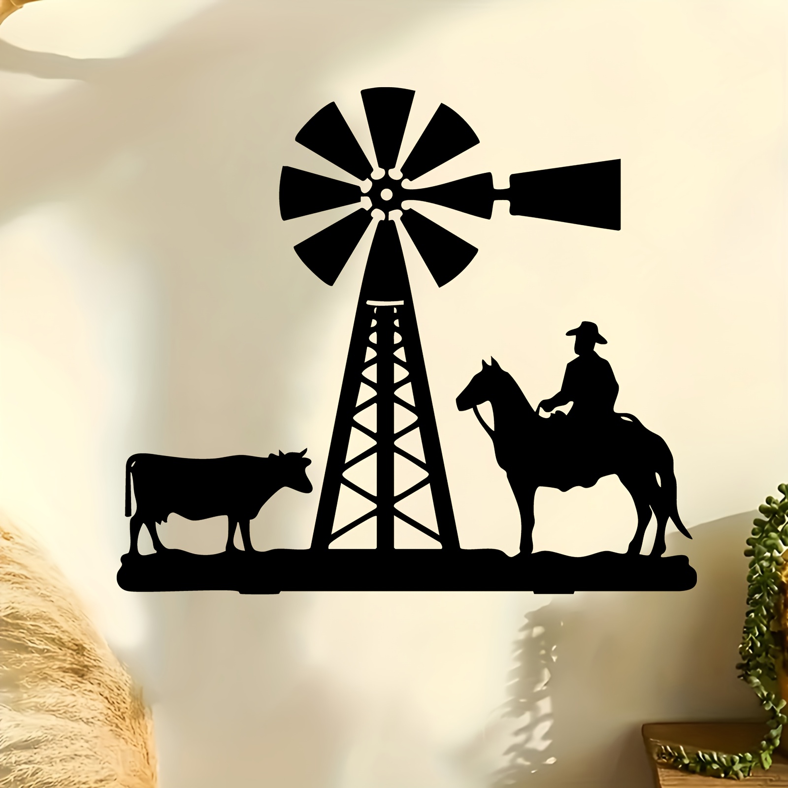 TEMU 2d Flat, 2d Metal-themed Flat Design Featuring A Western Windmill And Cowboy Metal Wall Decor, A Rustic Mural Sculpture. It Makes An Excellent