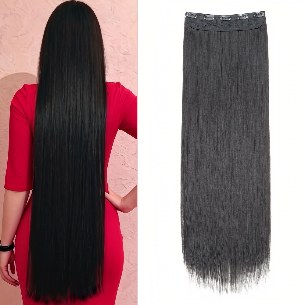TEMU ["5 Clips pour Extensions de Cheveux] Extensions de Cheveux Synthétiques Noires Extra Longues et Lisses Résistantes à la Chaleur avec 5 Clips,