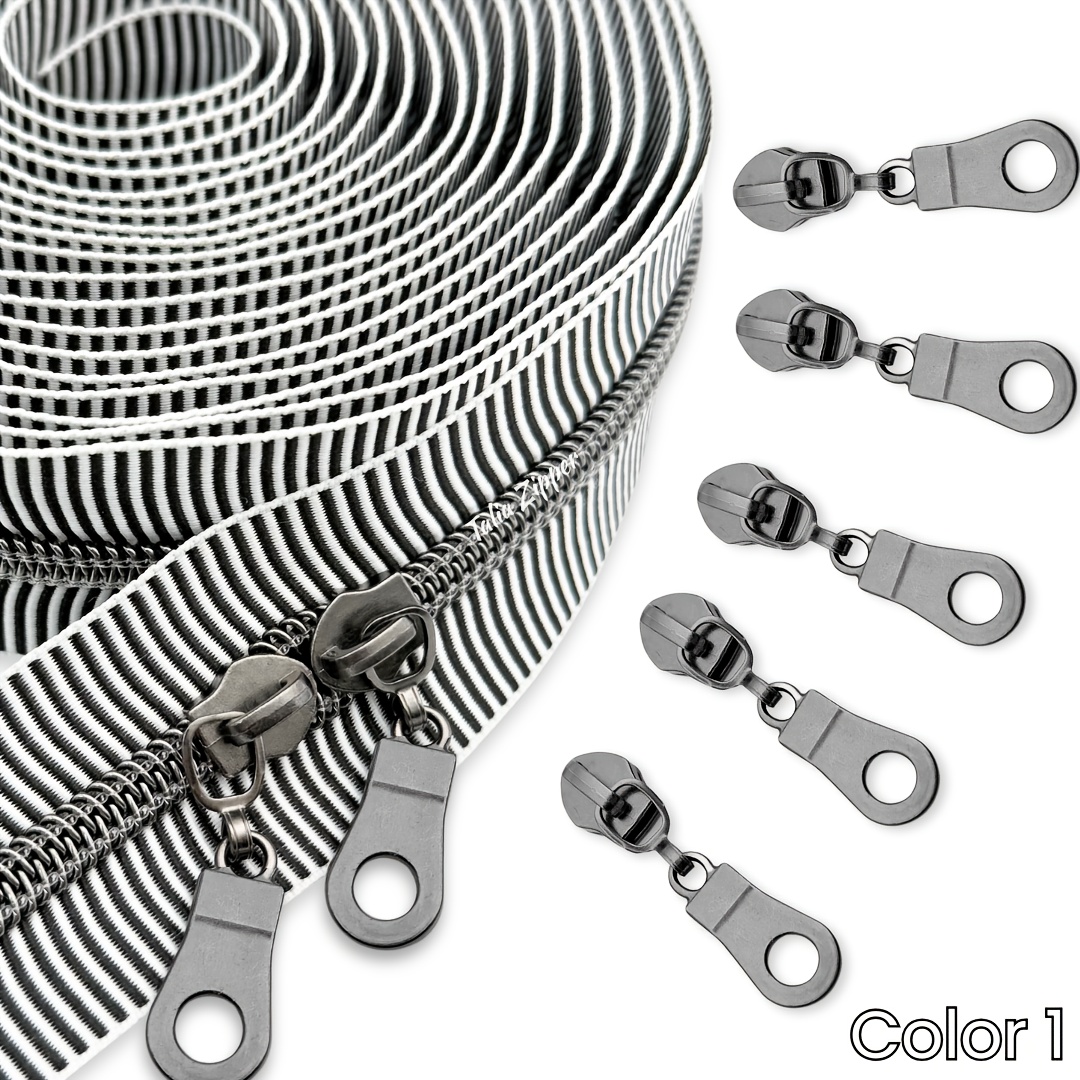 E-shop Ein 5#5 Nylon-Reißverschluss mit 180 Zoll Länge und fünf runden Ziehern, mit einem eleganten Zebra-Muster-Reißverschlussband und mehrfarbigen