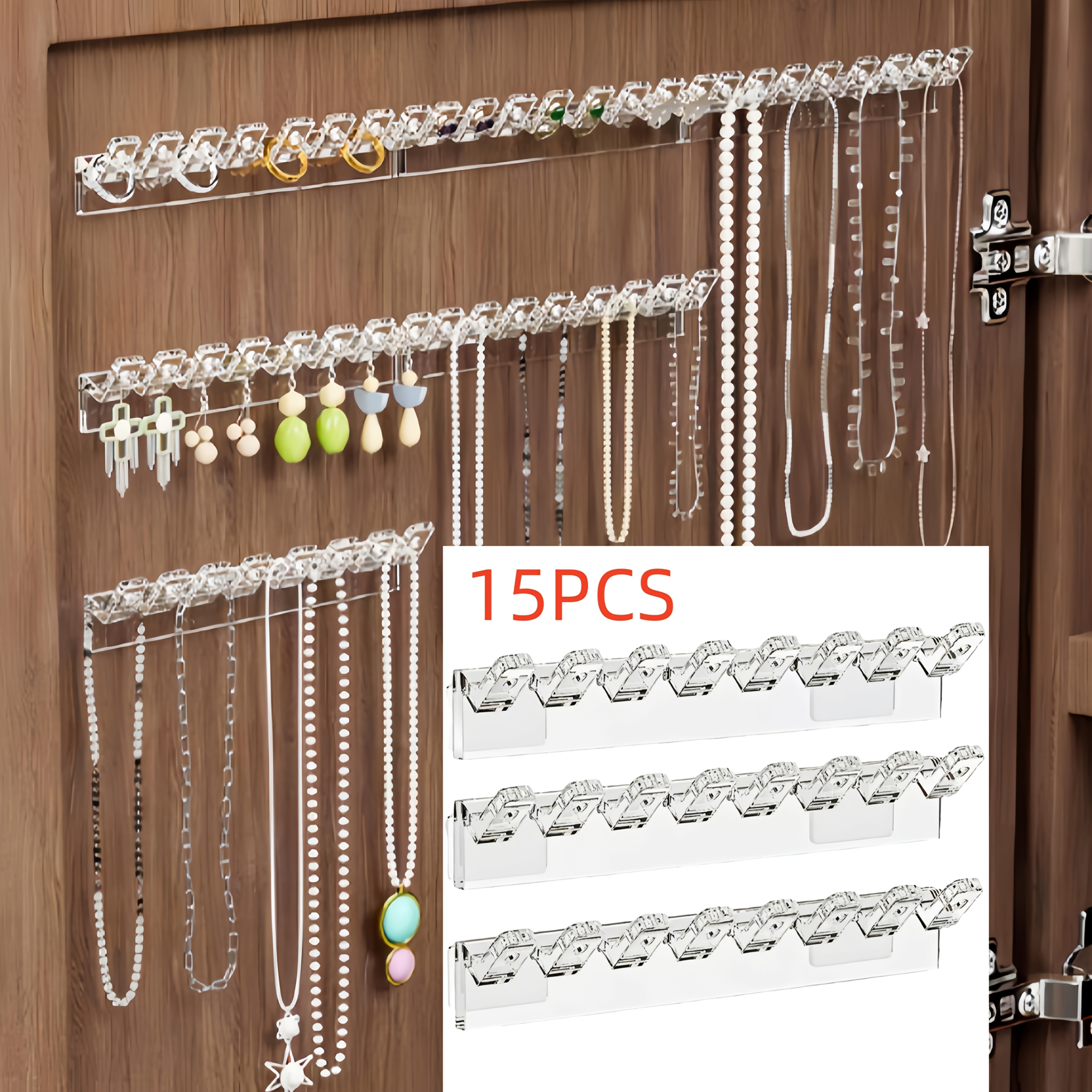 TEMU 15pcs Set Of Transparent Wall-mounted Jewelry Organizers With 8 Hooks, Space-saving Storage Rack For Hanging, Blouse Hooks/universal, Suitable