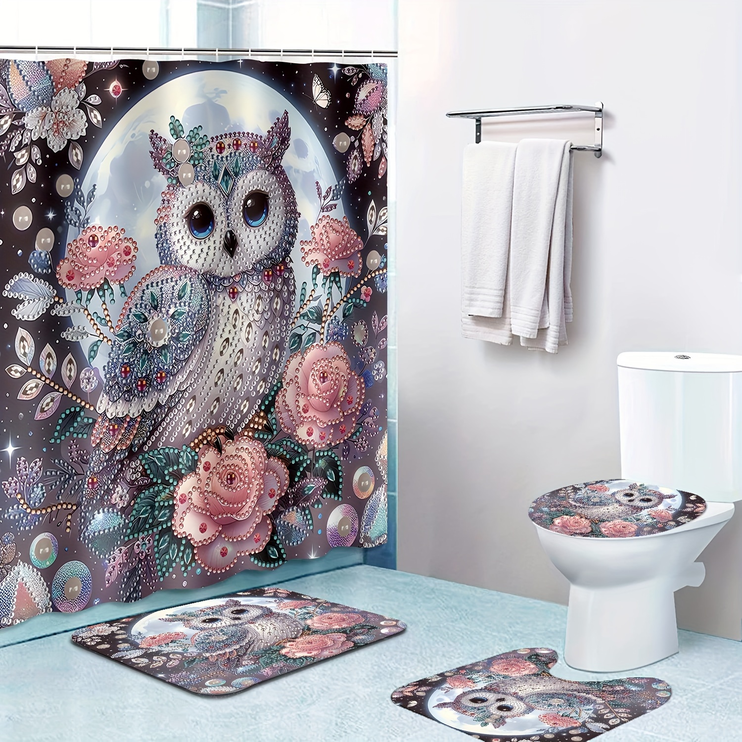 

1/4pcs Flower Owl Print Shower Curtain Set, Shower Curtain With 12 Hooks, Non-slip Bathroom Rug, Toilet U-shape Mat, Toilet Lid Cover Pad, Bathroom Decor, Shower Curtain Sets For Bathrooms