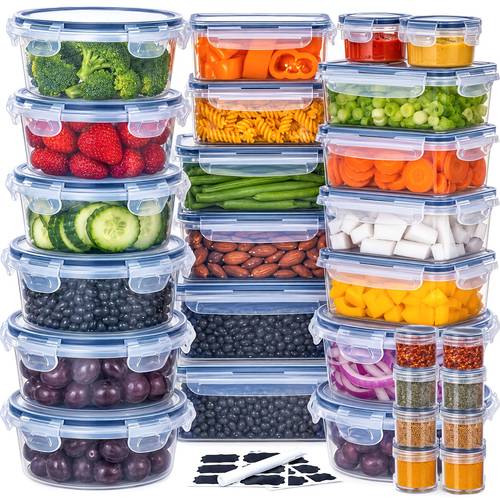 94 56 16pcs clear stackable food storage containers set 47 28 8 containers and 47 28 8 lids heavy duty leak proof rectangular refrigerator organizers microwave and freezer tubs for fruits vegetables pasta