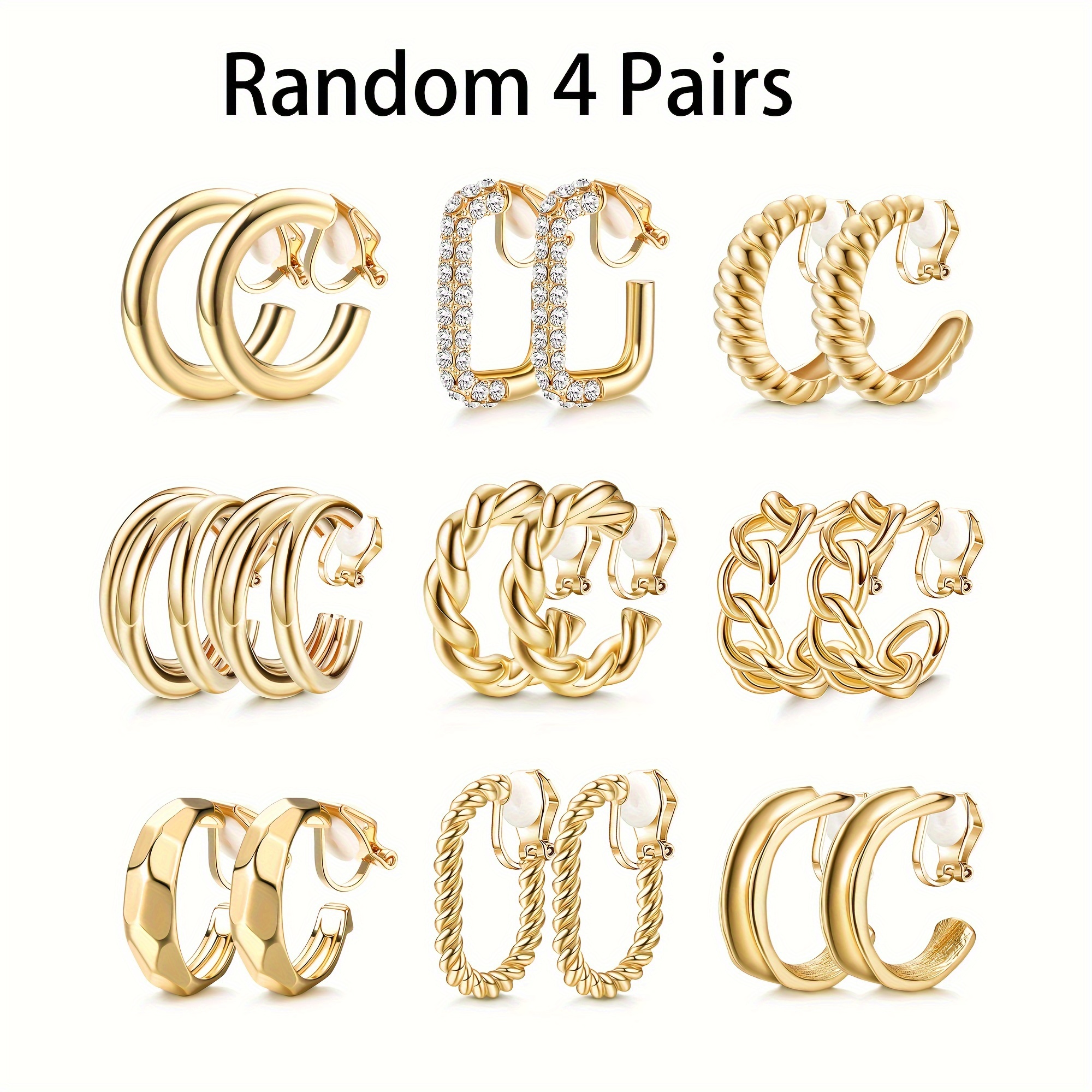 TEMU 4 Pairs Clip On Hoop Earrings | 14k Golden Plated Alloy, Twist Design, Elegant Style For Daily And Vacation Occasions, Perfect For Mother's Day