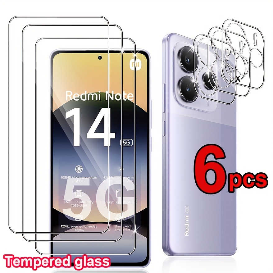 E-shop 6er-Pack Gehärtetes Glas für Xiaomi Redmi Note 14 4G/5G – Bildschirm- Kameralinsenschutz