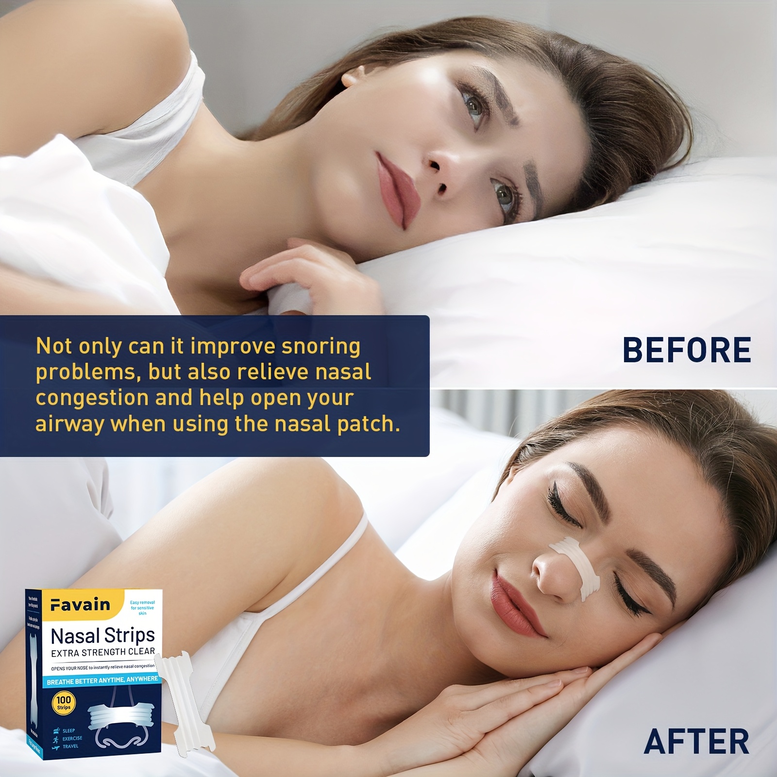 Favain 100pcs Non-Drug Snore Free Nasal Strips - Increased Airflow, Drug-Free Sleep Aid, Anti-Snoring Solution for Sleep Apnea & Health-Conscious Individuals, Christmas Gift Idea, Sleep Aid, Natural Sleep Aid, Easy Application - Image 6