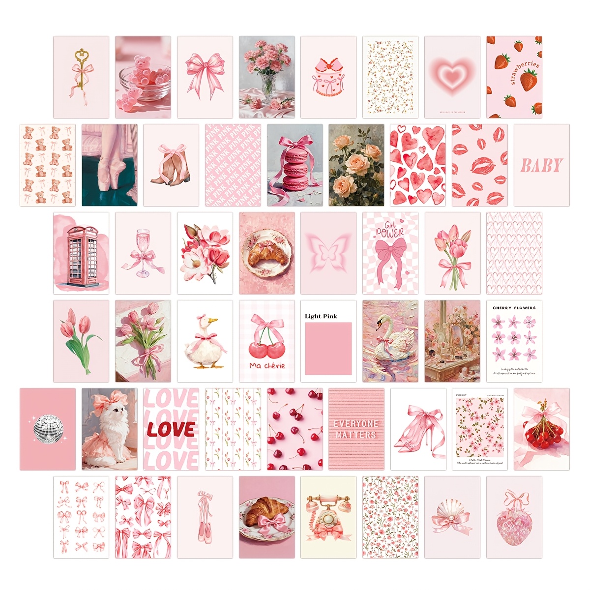 Image of 50pcs Decor Postcard Set, 4*6 Inch Pink Wall Art Printed Wall Collage Sets For Bedroom Home Decor, Dormitory , Small Posters For Aesthetic Rooms
