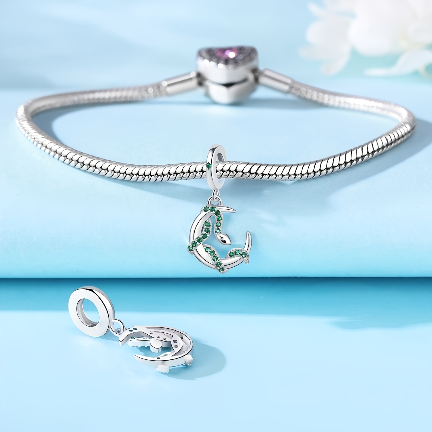 Women's 925 Silver Plated Green Snake Moon Pendant Charm