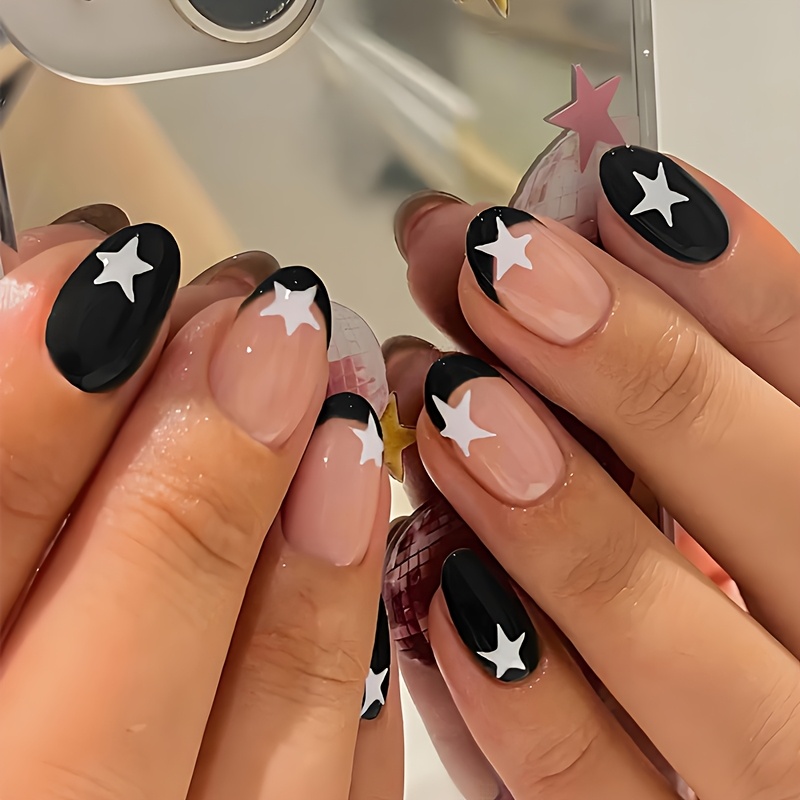 24pcs Short Oval Press On Nails Black Nail Tip Fake Nails With Design Glossy Full Cover Fake Nails Art For Women Daily Dating Party Wear