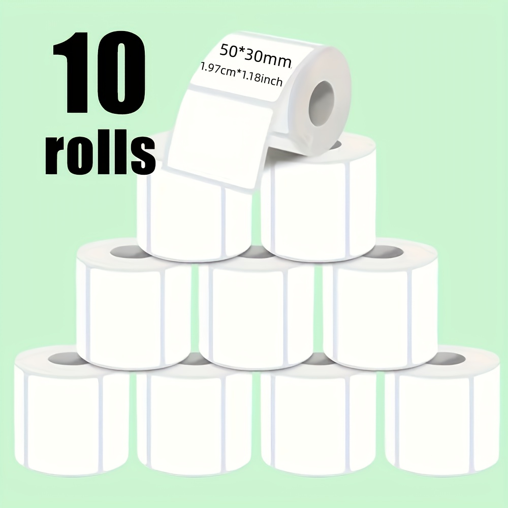 TEMU Lot de 10 rouleaux de papier d'étiquette thermique, taille 50*30mm, papier auto-adhésif blanc adapté aux imprimantes portables - Code-barres,