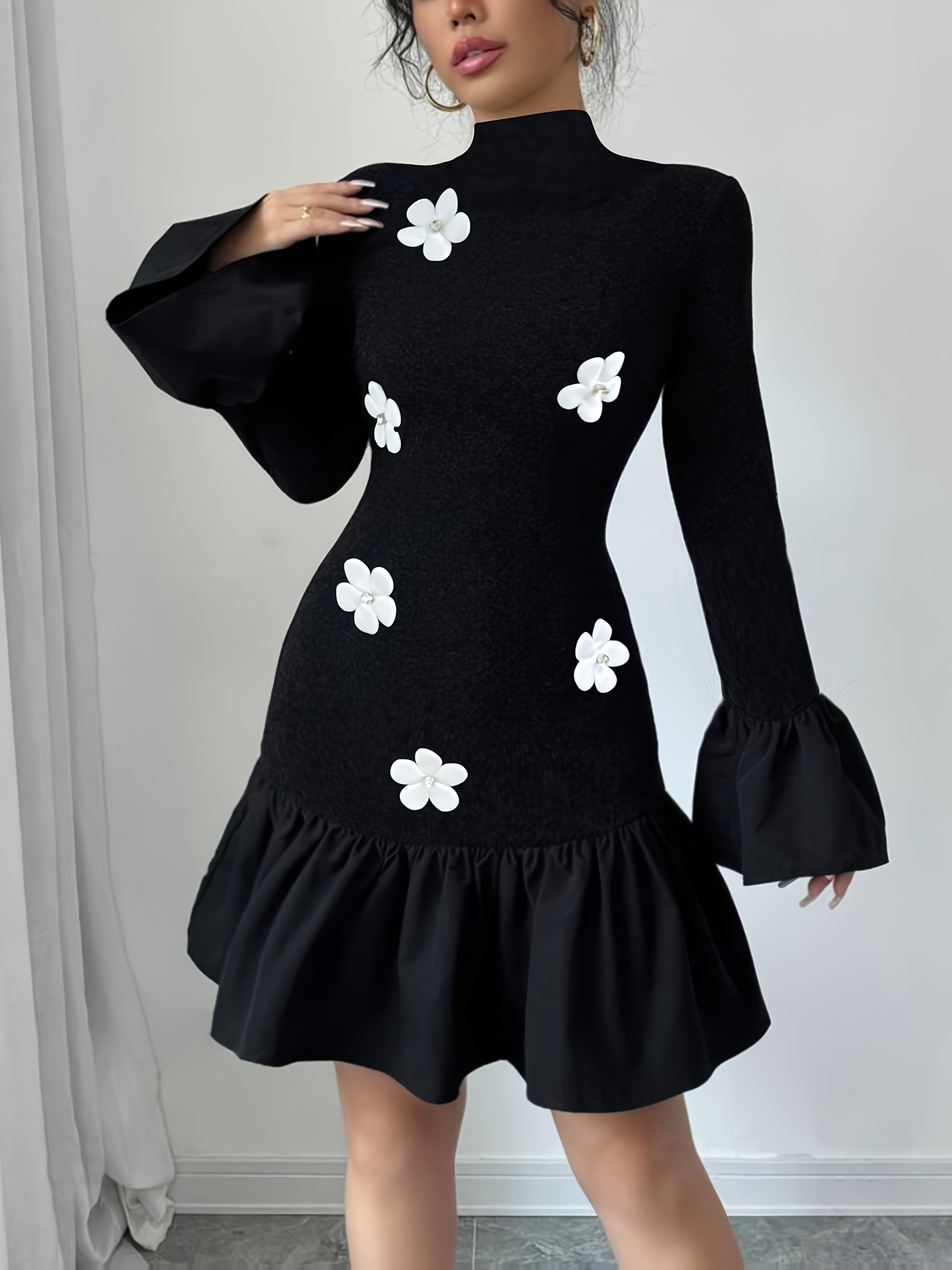 Women's Black High Neck Fit Dress with White Floral Appliqué Long  Sleeve Elegant Contrast Detailing, Machine Washable Versatile for Casual 