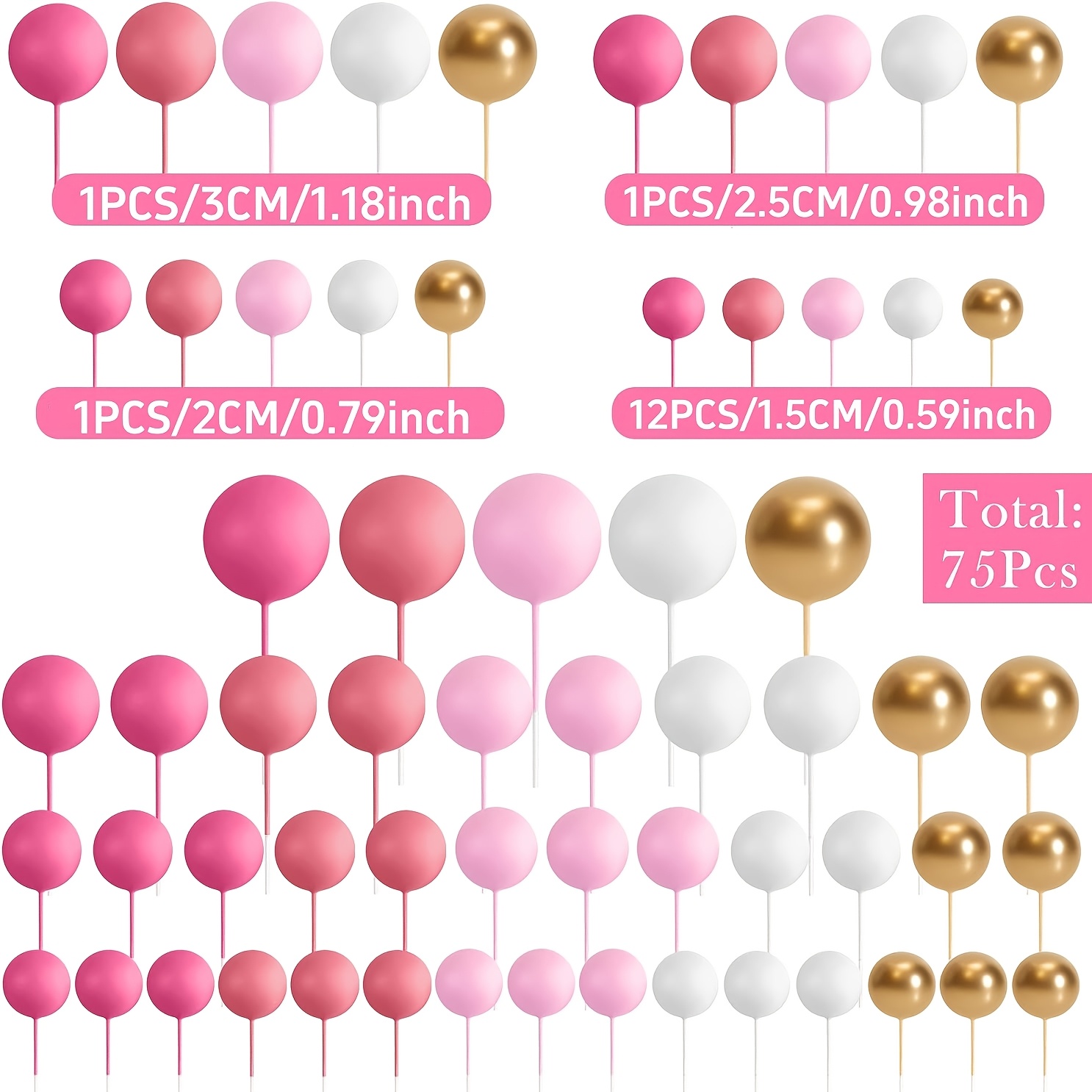 Image of 75pcs Cake Balls Topper Decorations Foam Cupcake Topper Mini Balloon Balls Cake Picks For Deco Birthday Party Wedding Pink White