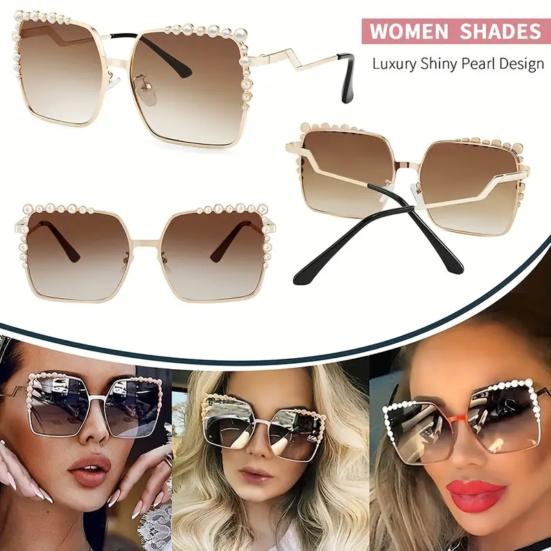 oversized square sunglasses for women luxury faux pearl design gradient sun shades for vacation beach party details 1