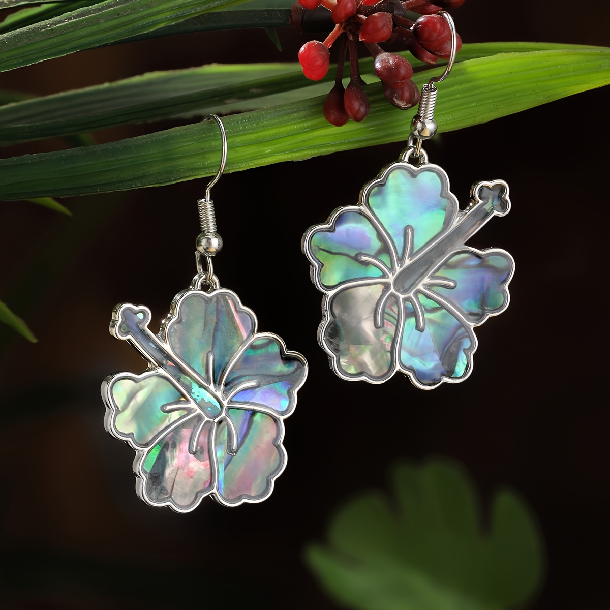 

Elegant Hawaiian Hibiscus Dangle Earrings, Zinc Alloy With Abalone Shell , Dangle Ear Jewelry For Women, Ideal For & Vacation, Christmas & Valentine's Day Gifts