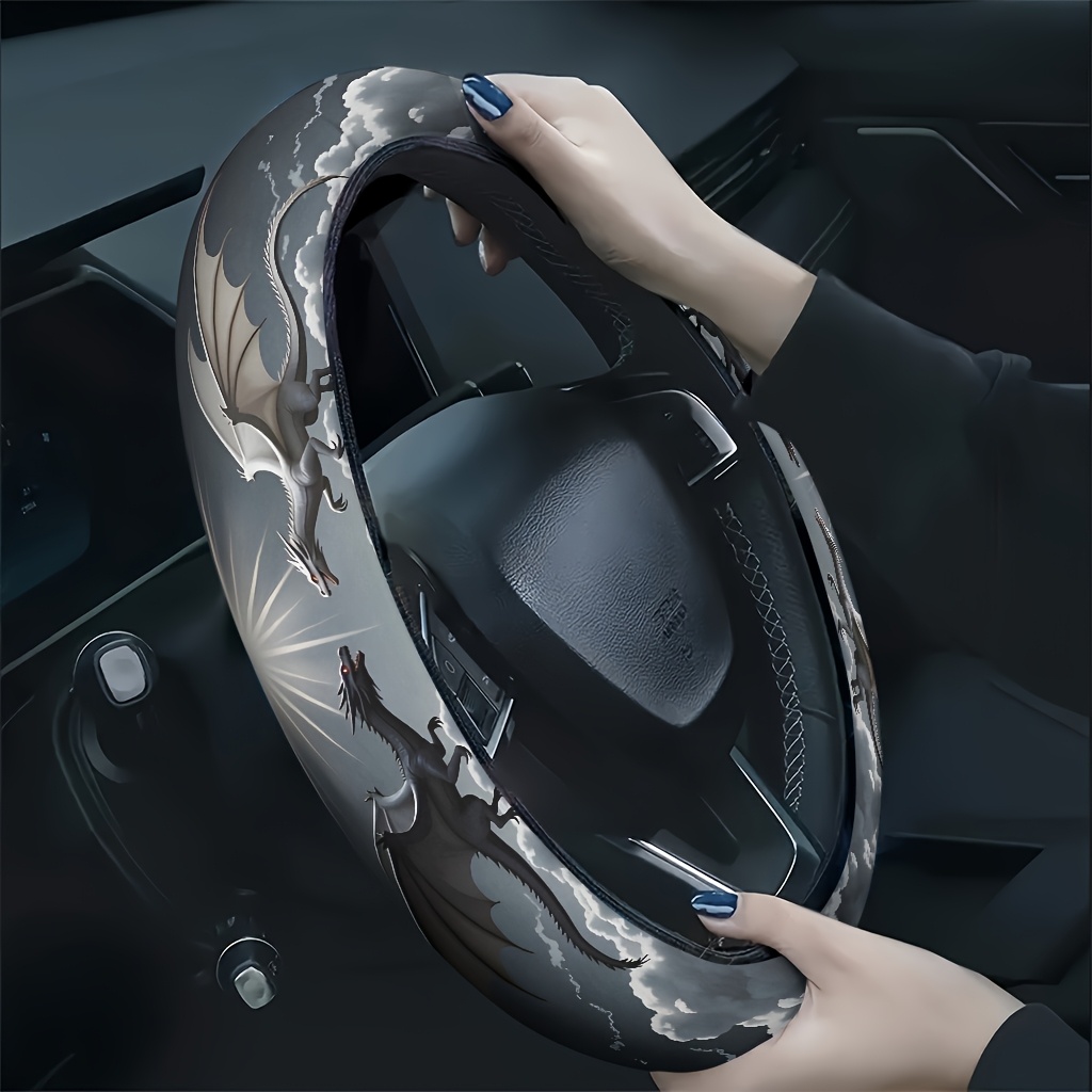 TEMU 1pc Twin Dragons Confronting In A Sea Of Clouds Car Steering Wheel Cover, Soft And Breathable To The Touch, Reduces Hand Fatigue, Suitable For ,