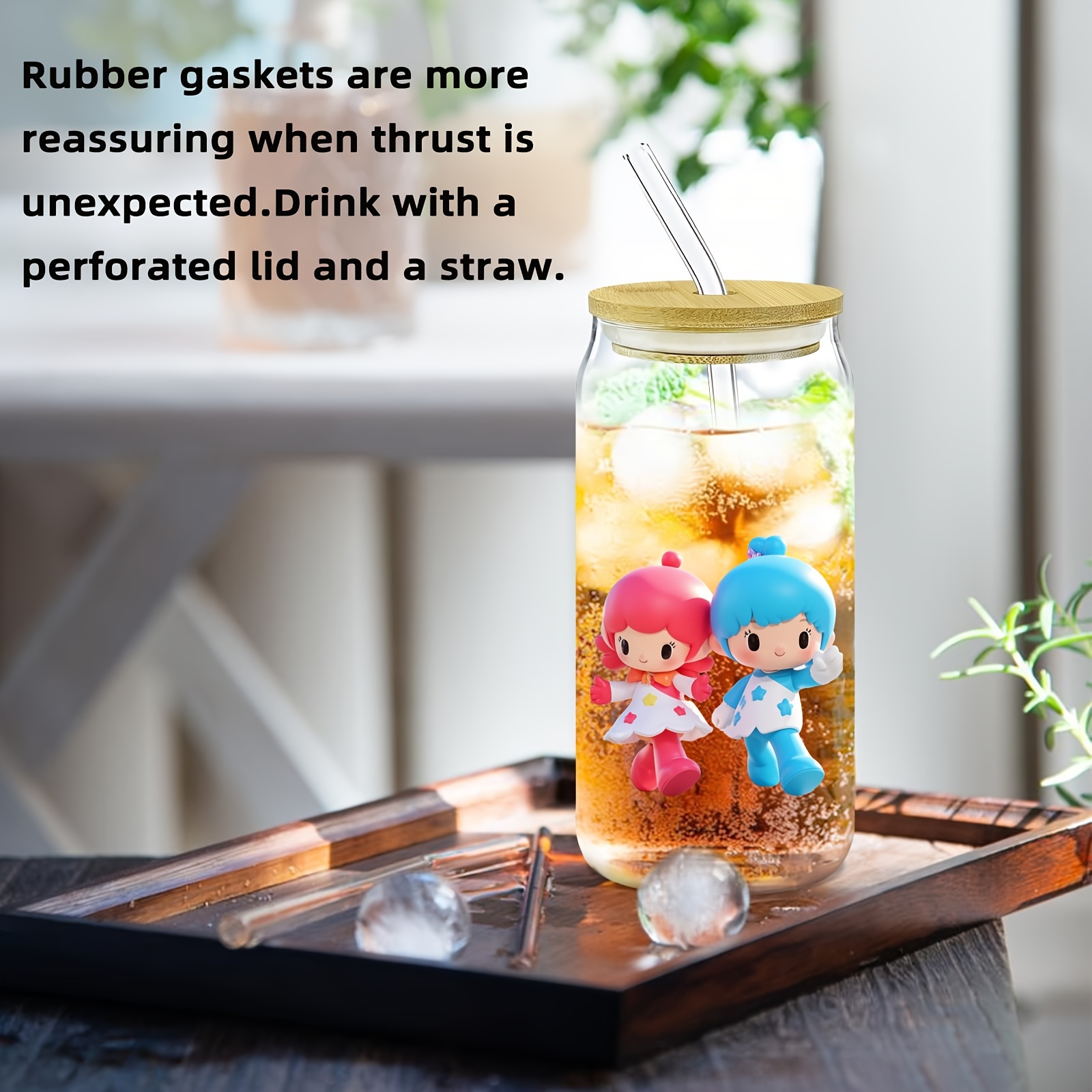 glass cup with lid and straw for   cute glassware set ideal gift for friend child     iced drinking   boba and diy beverage contain 4pcs Product details 4