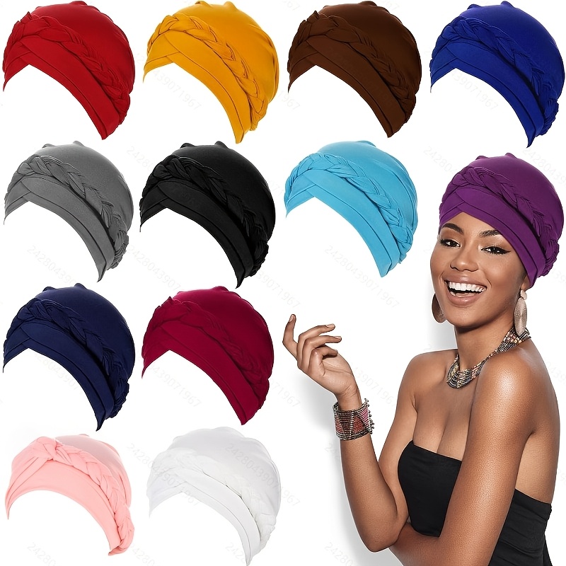 12 pack braid turban cap for women ethnic bohemia twisted hair cover wrap hat african pre tied bonnet   braid turban hat beanies headwear
