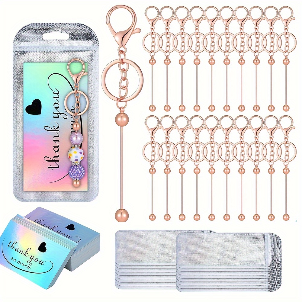 

60pcs Beadable Keychain Bars Bulk Resealable Pouch Bag And Thank You Cards Set Include 20 Beaded Keychain 20 Packaging Pouch 20 Thank You Card For Diy Pendant Craft Jewelry Making