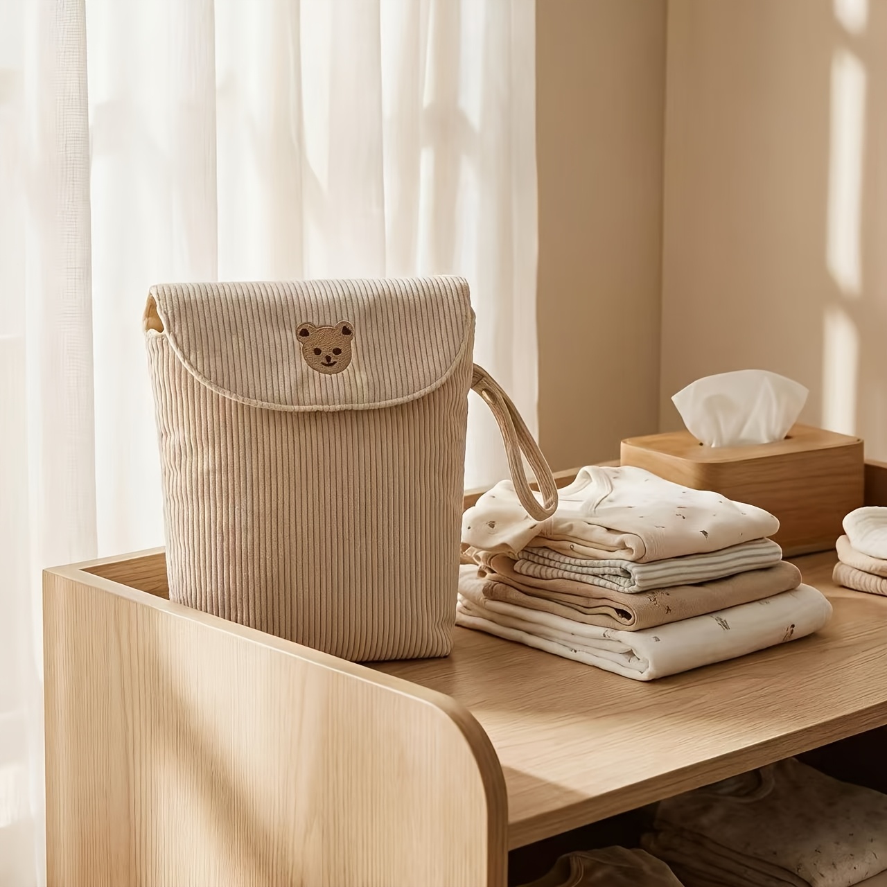 TEMU 1 ud. Bolsa de almacenamiento de pañales portátil con bordado de oso pequeño, bolsa de para , bolsa de pañales, toallitas húmedas, bolsa