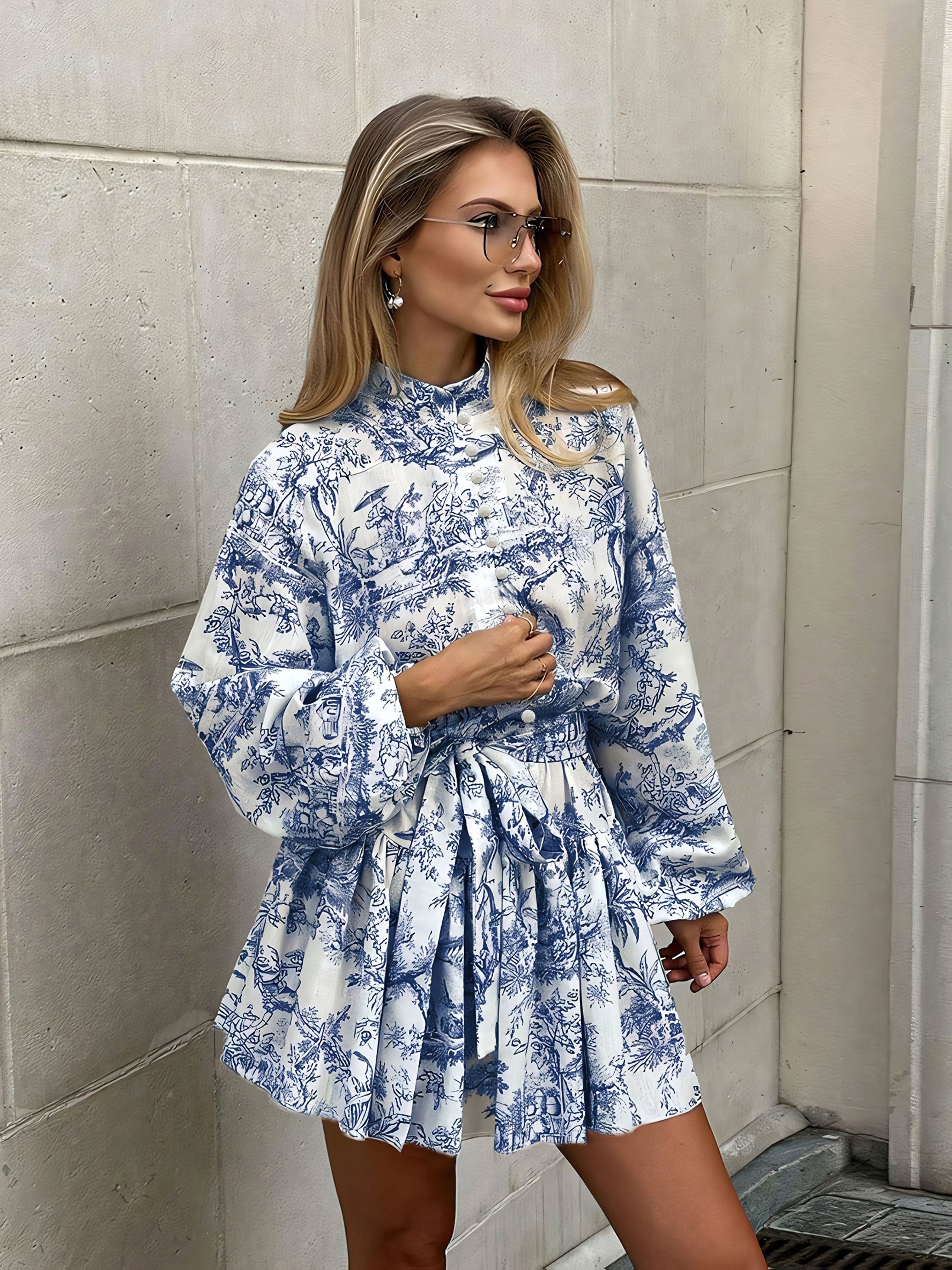 elegant floral print long sleeve dress chic short length stand collar   hem blue white   casual yet sophisticated style for women   wear floral print dress   hem dress