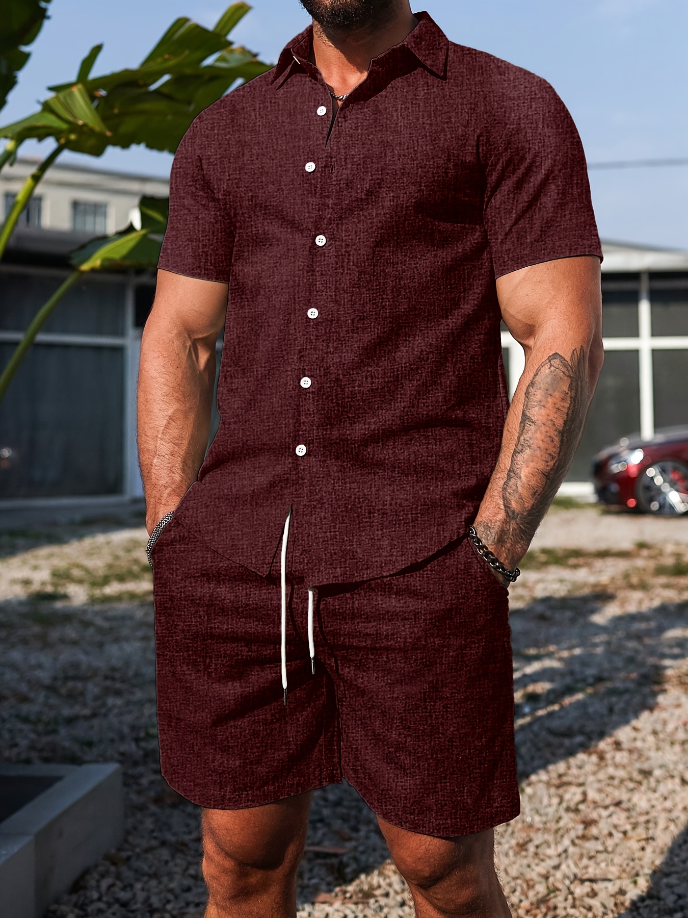 2pcs Men'S Solid Color Lapel Short Sleeve Shirt And Shorts Set, Summer Casual Suit, Double-Tone Shirt Fabric