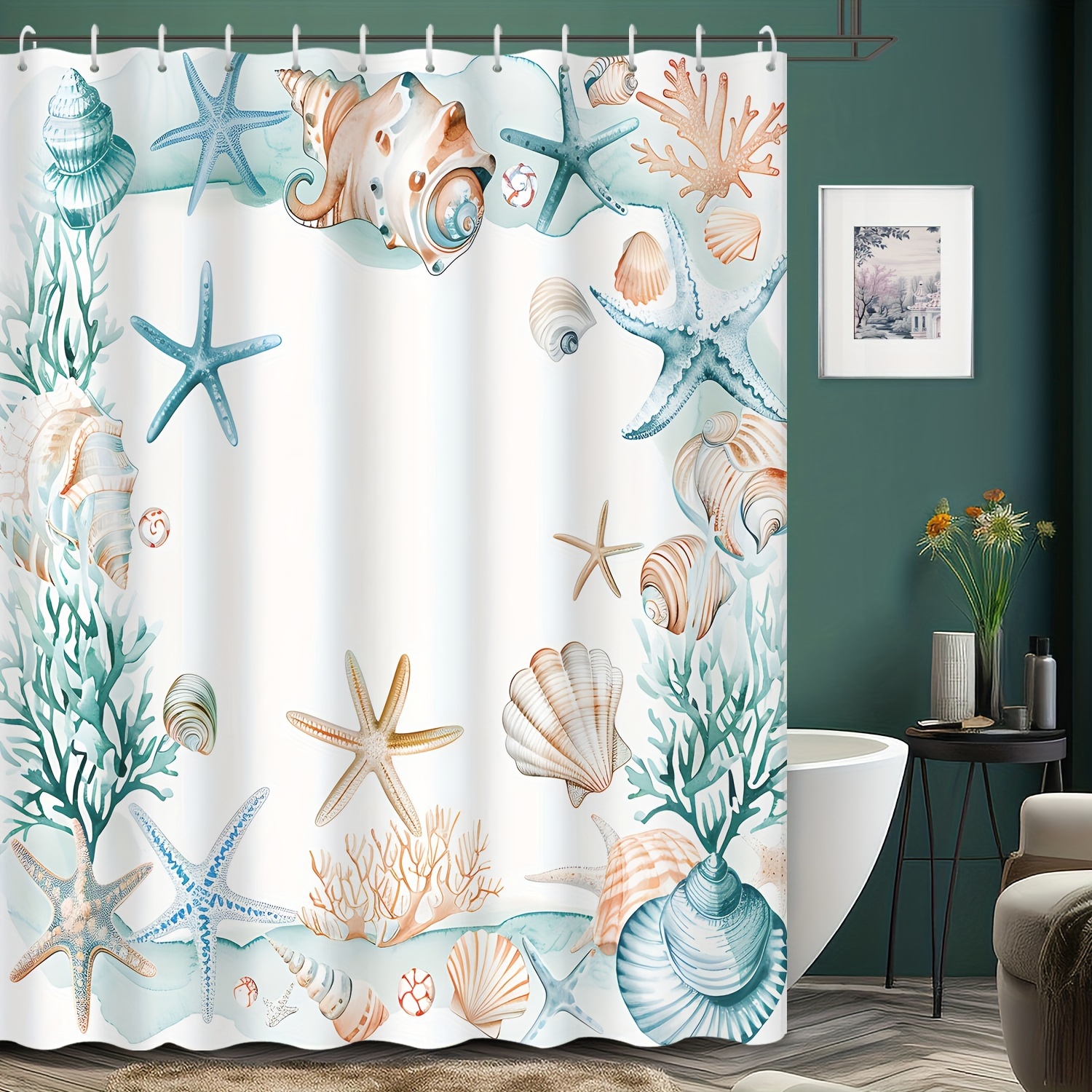 

1pc Watercolor Shower Curtain, Cartoon Seashells Starfish Coral Print, Water-resistant Polyester Fabric, Machine Washable, 72x72 Inches With 12 Hooks, Grommet Top, Artistic Bathroom Decor