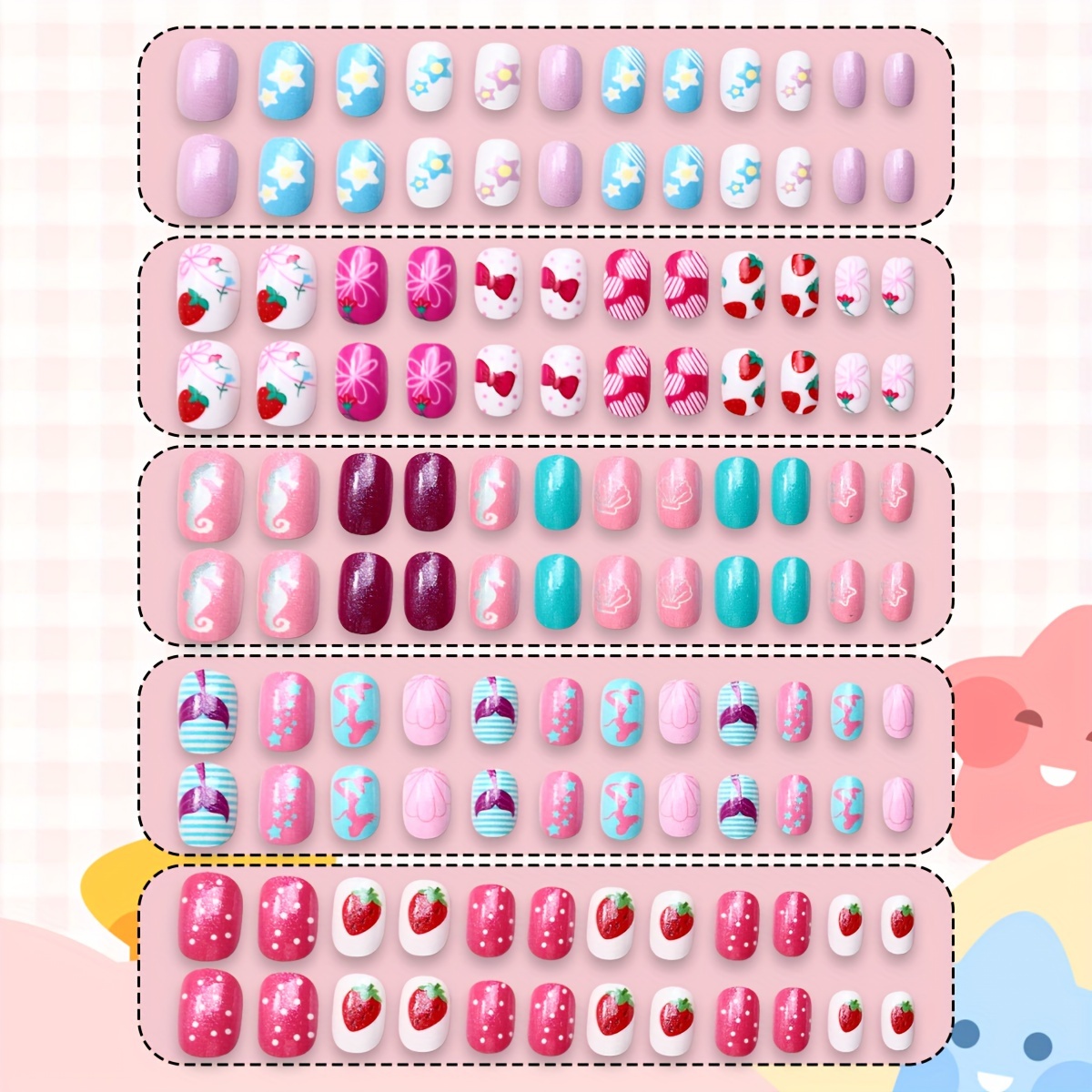 TEMU 120pcs Piece Set Of Colorful Cartoon Square Patch Nail Gift Box, With Cute Cartoon And Striped Patterns, Glossy Effect, Including Jelly Glue And