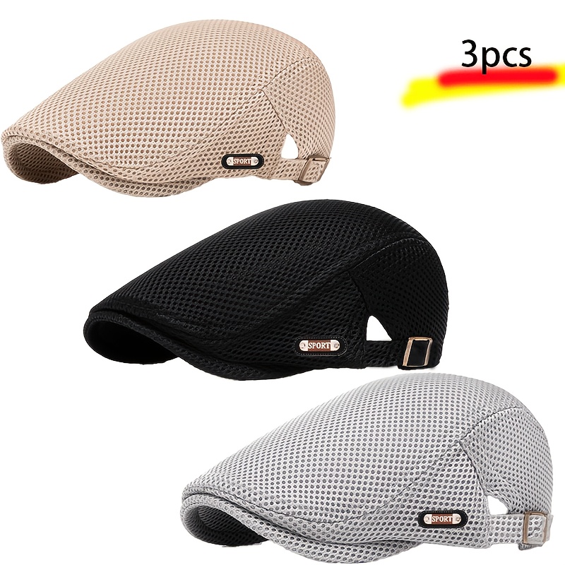 item picture 3pcs summer hollow mesh duckbill cap breathable beret womens korean style trendy sun hat mens solid color   hat