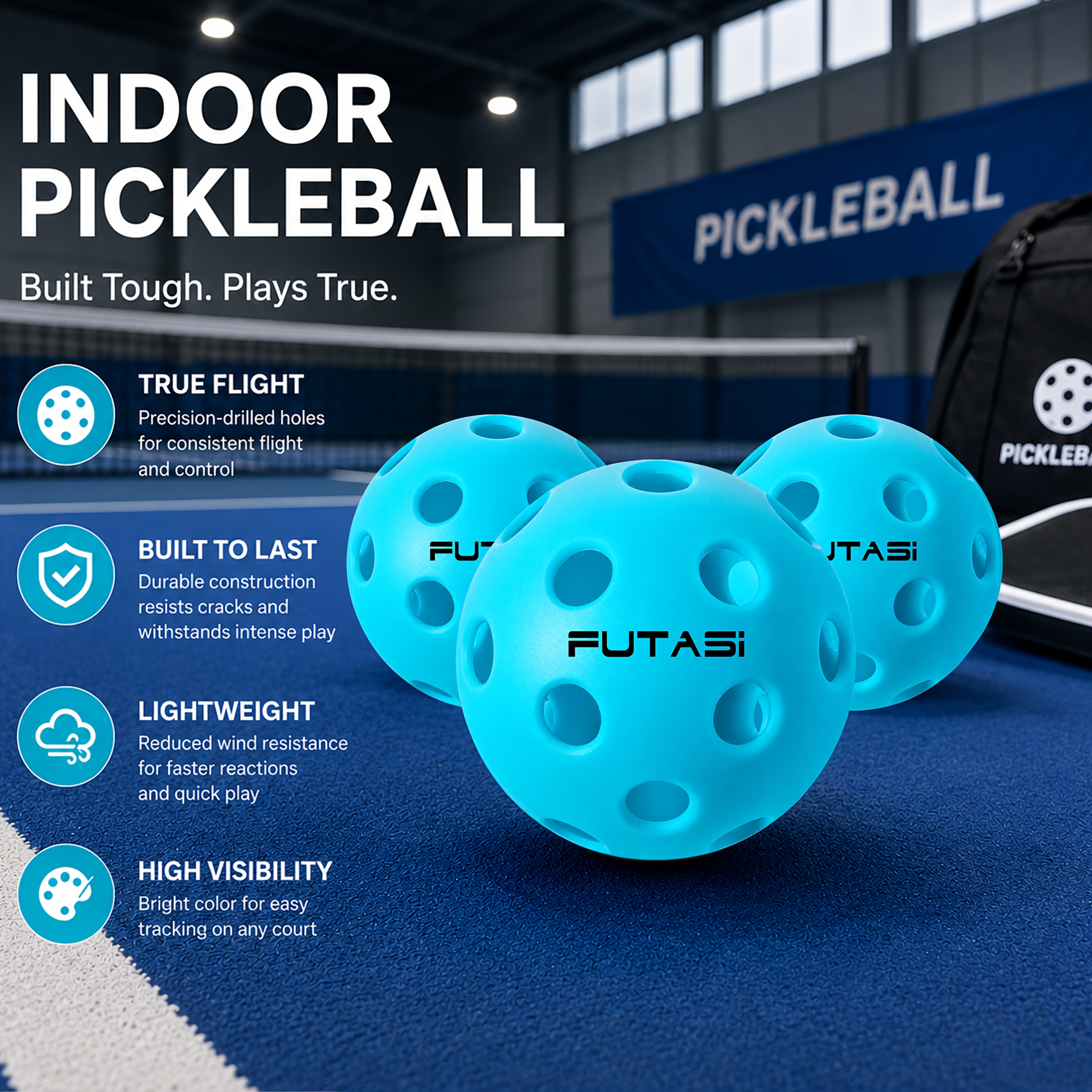 TEMU 3pcs Pickleball Balls, 26-hole Aerodynamic Pickleballs In High-visibility Blue, Ideal For Indoor Courts, Premium-quality Pickleballs