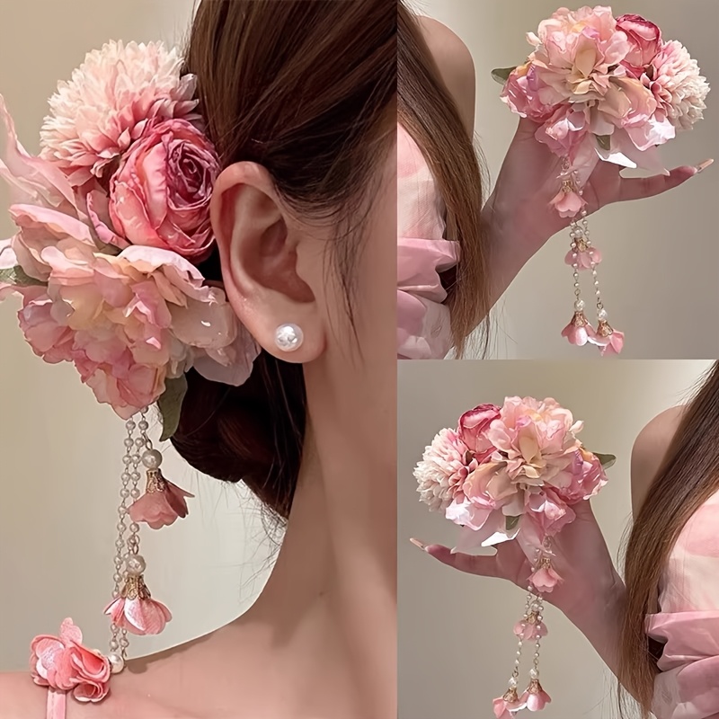 TEMU 1pc Of Pink Tassel Flower Hairpin, Female Cheongsam Side Hairpin, Seaside Atmosphere Hair Accessory