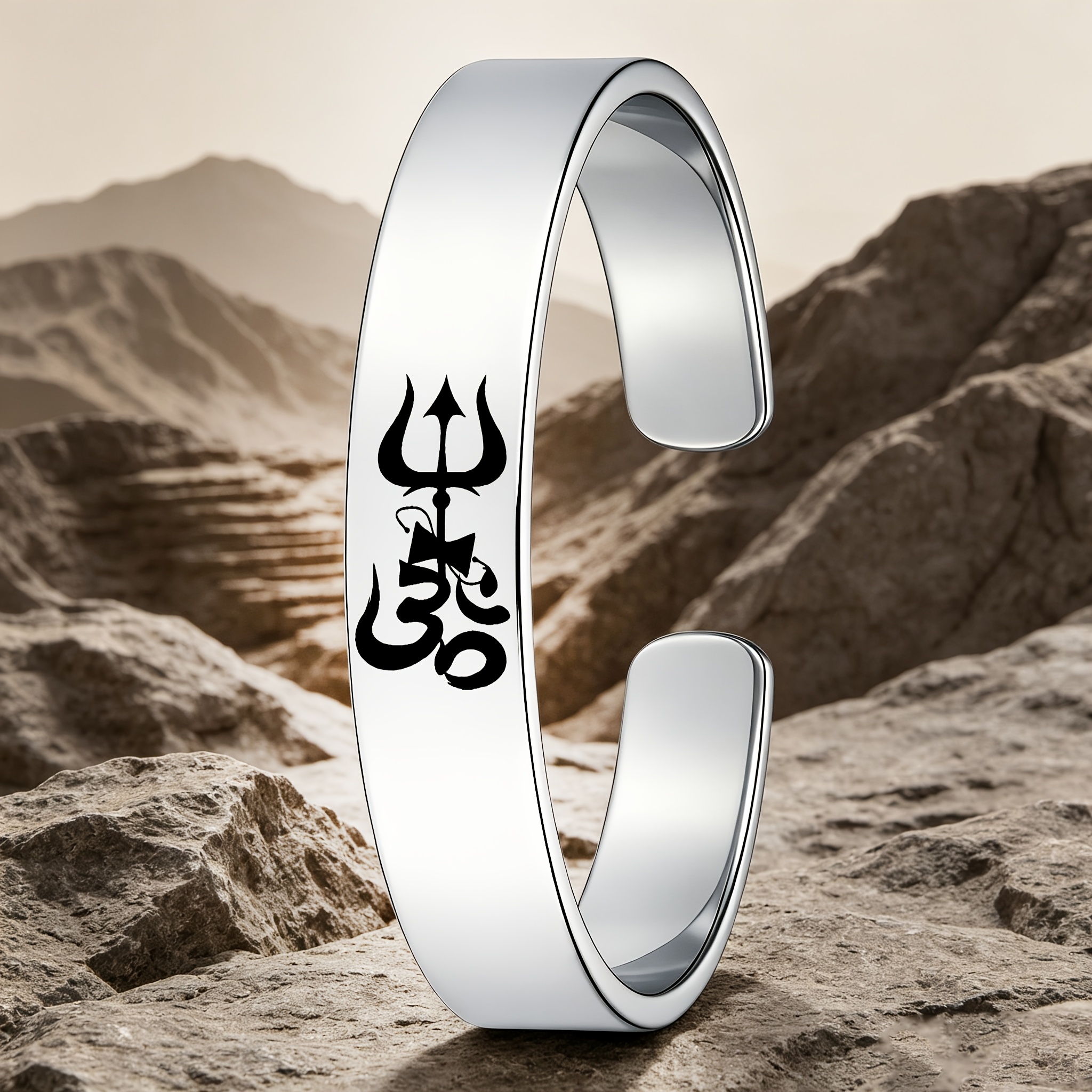 Hindu Spiritual Totem Stainless Steel Open Bangle